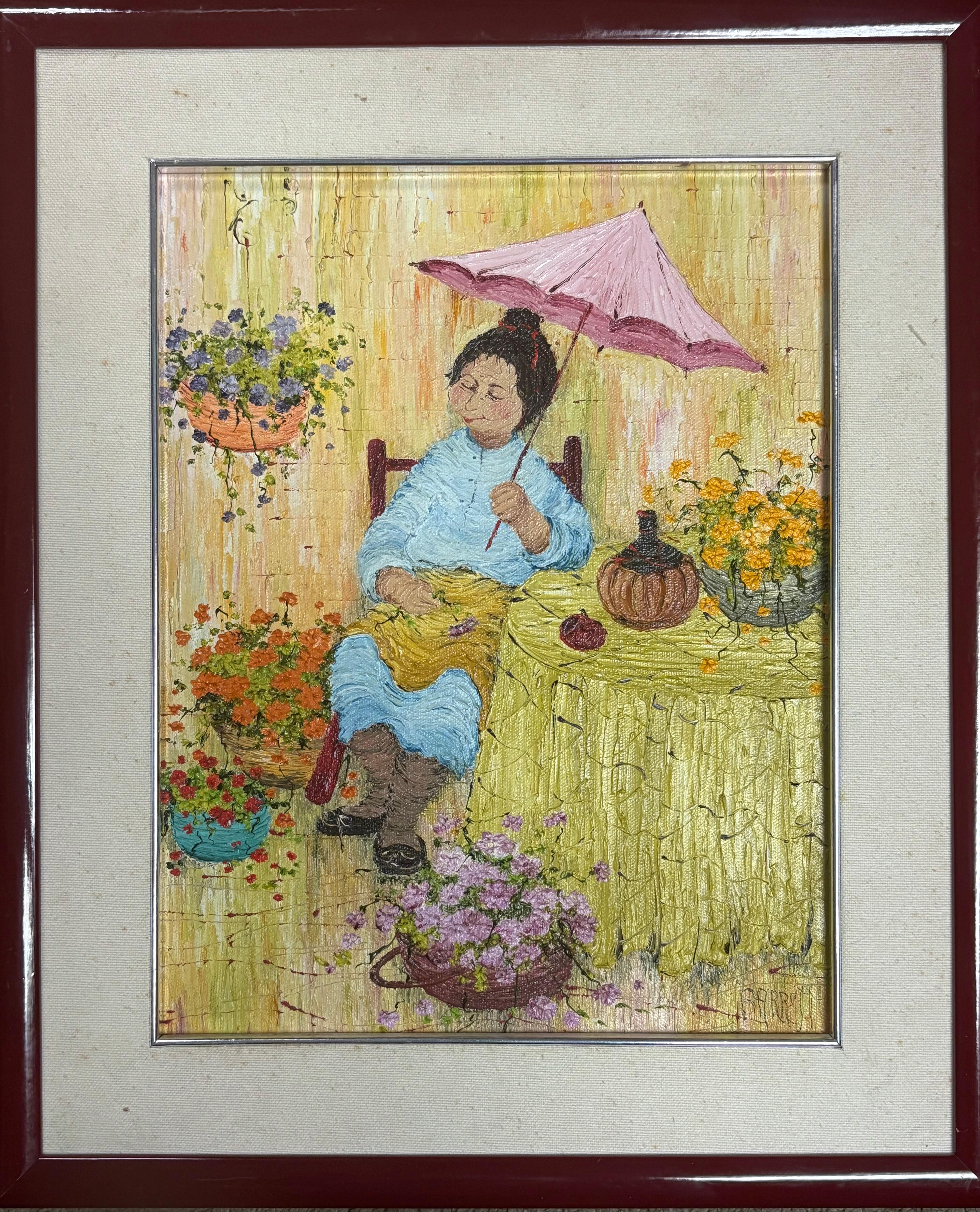 "Donna con ombrello rosa" - Painting di Mildred Barrett