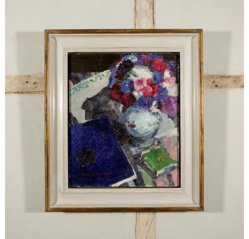 Still Life (with Book), Oil on Canvas Painting by Mildred Bendall, 1925 circa For Sale 1