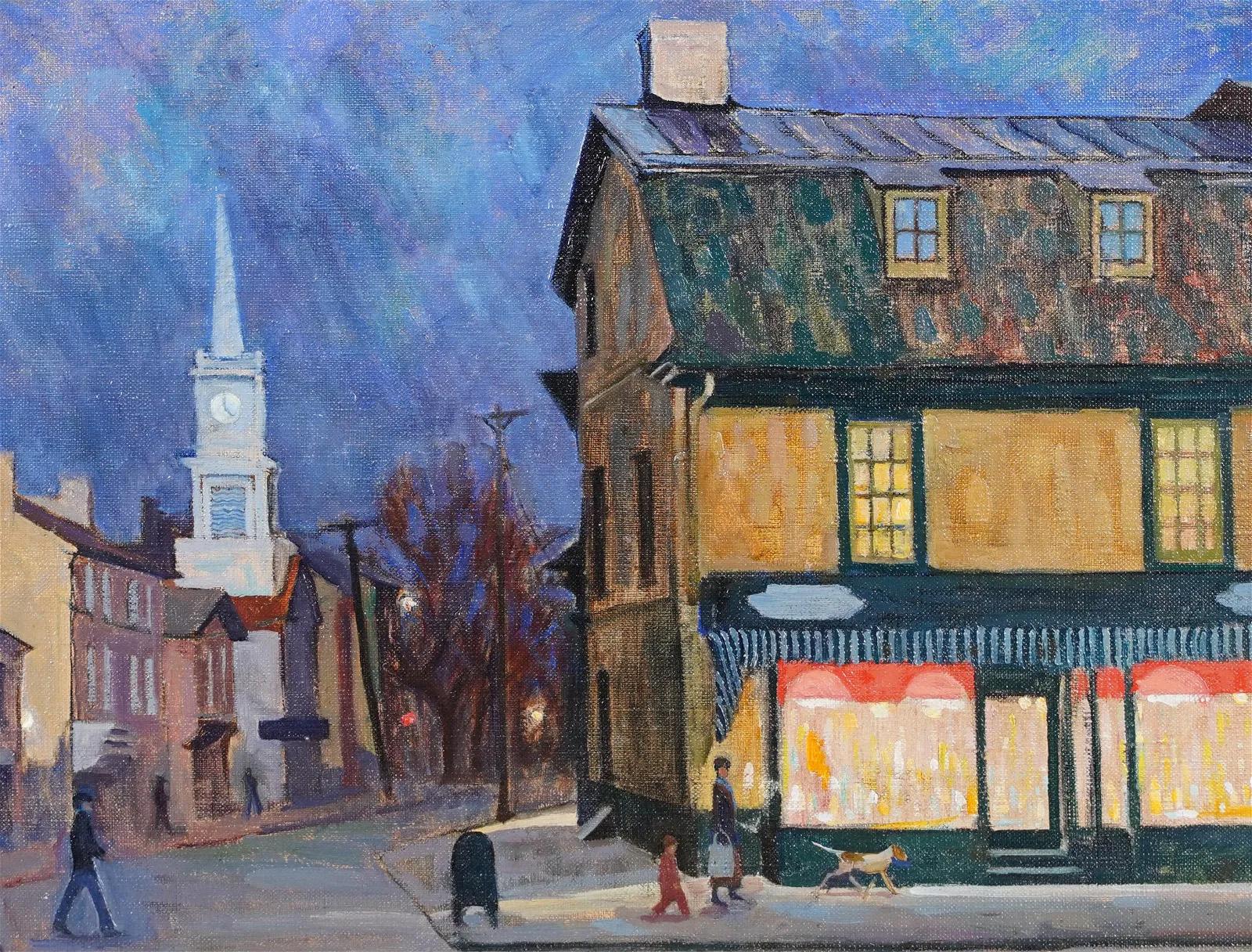 Antique Ashcan Street Impressionist Nocturnal Cityscape Burlington Oil Painting For Sale 1