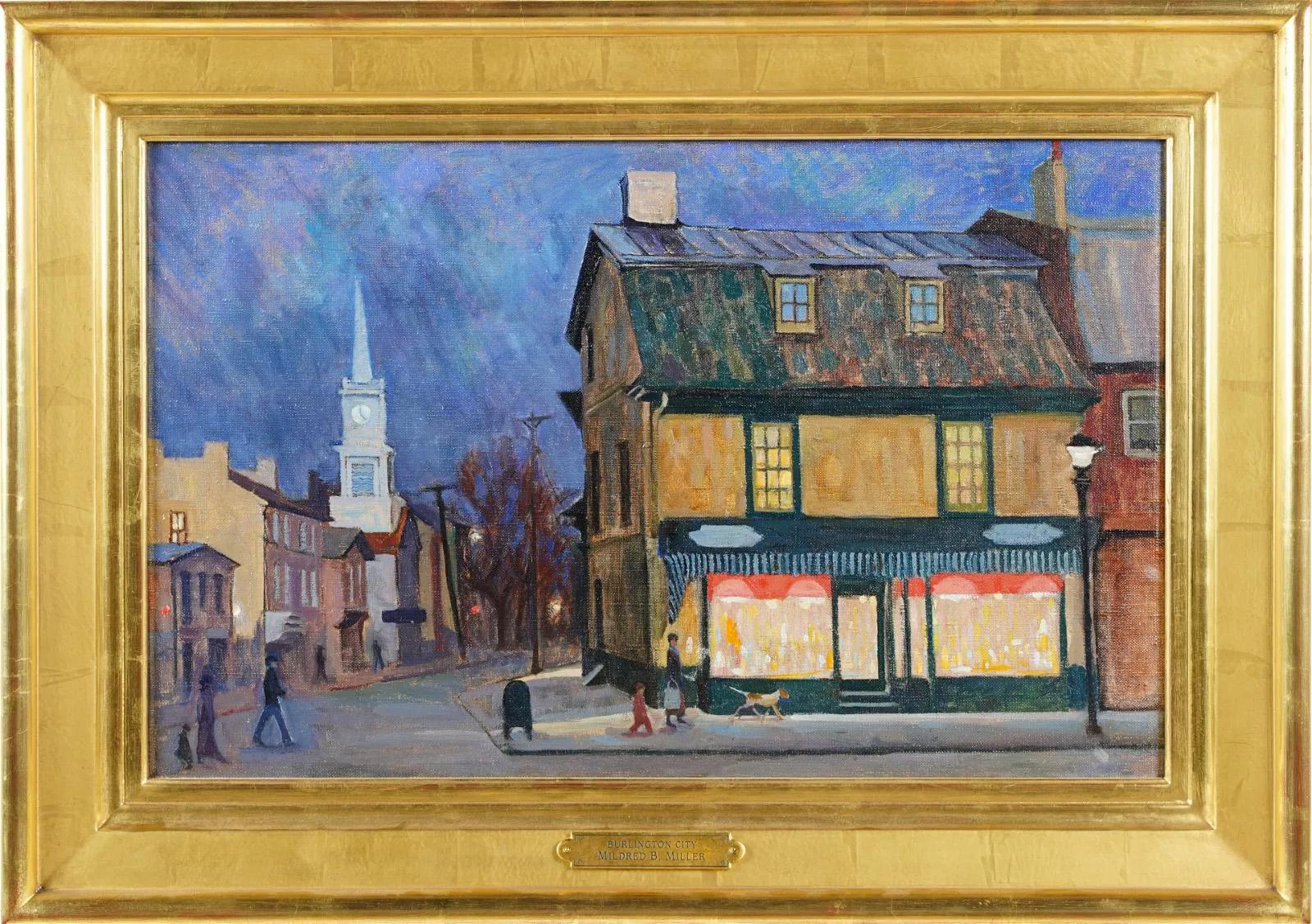 Mildred Bunting Miller Landscape Painting - Antique Ashcan Street Impressionist Nocturnal Cityscape Burlington Oil Painting
