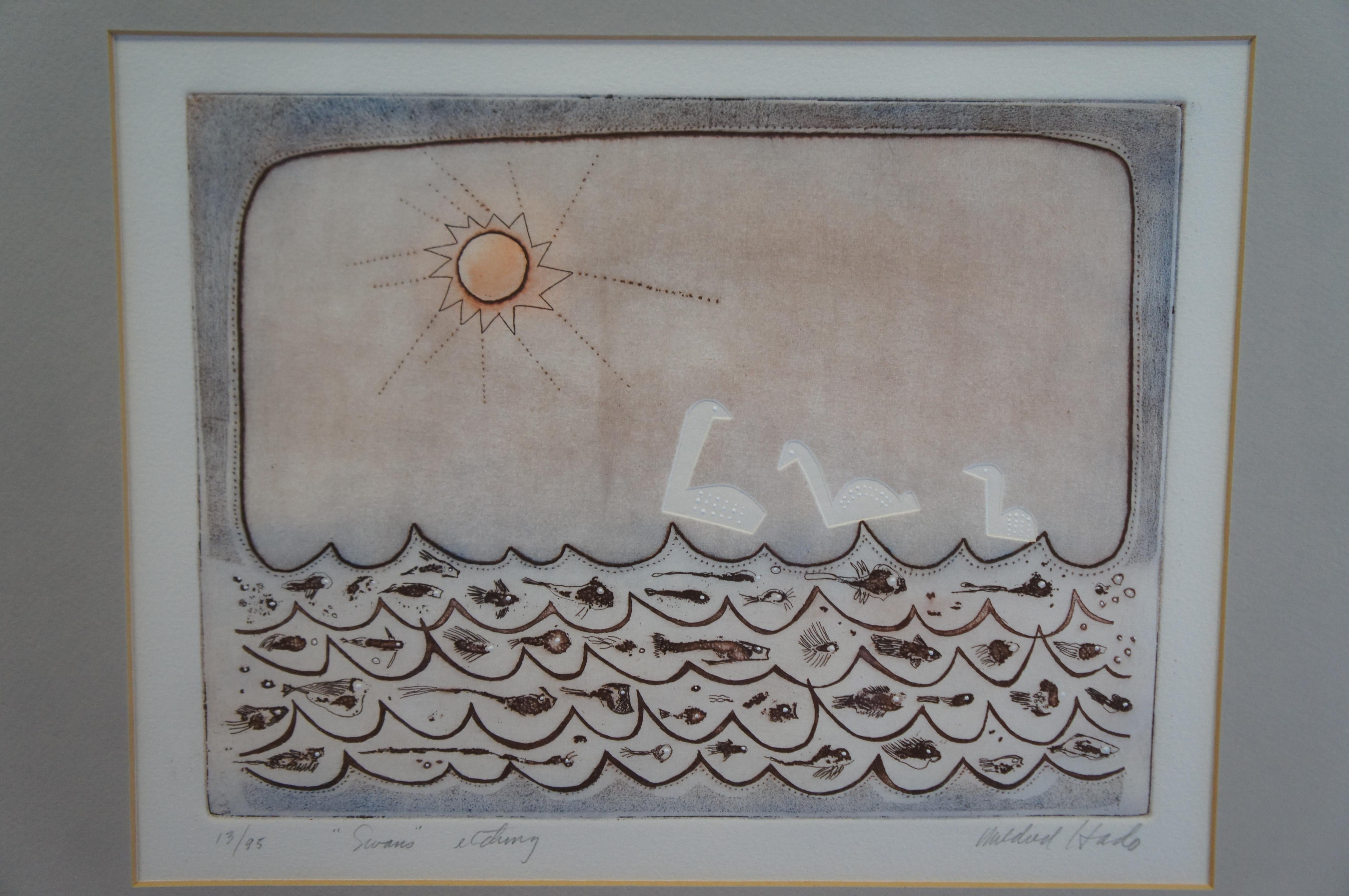Late 20th Century Mildred Hado Swans Deep Sea Subterranean Fish Ocean Seascape Etching 20