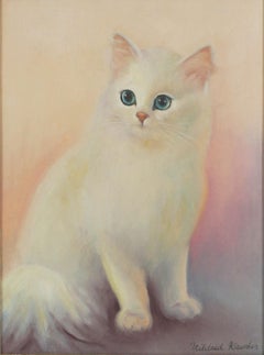 Mid Century Oil Painting -- The White Persian Kitten, Signed