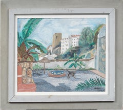 Vintage American Modernist Nicely Framed "Spanish Garden" Landscape Oil Painting