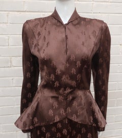 Mildred O'Quinn Brown Satin Jacquard Peplum Skirt Suit, 1940's