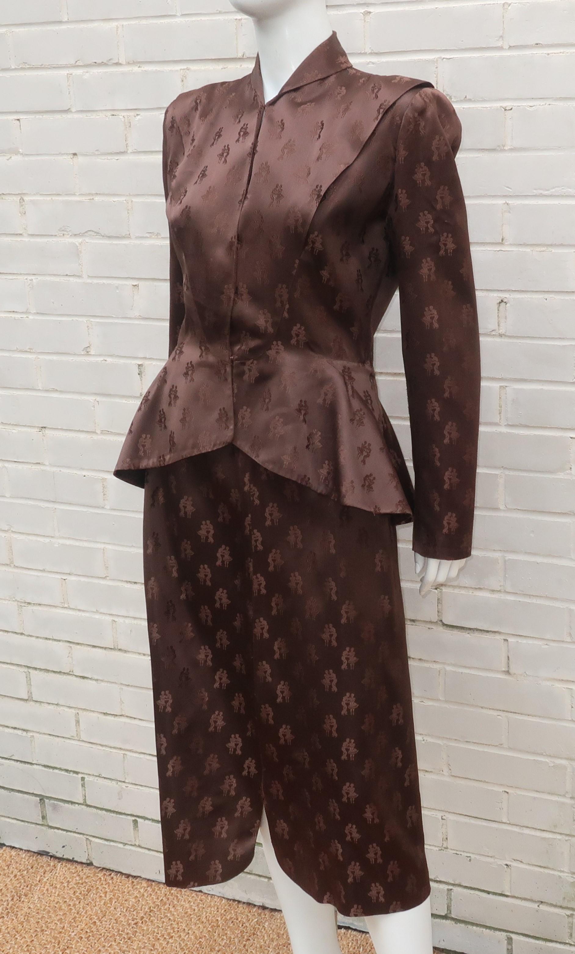 Mildred O'Quinn Brown Satin Jacquard Peplum Skirt Suit, 1940's In Good Condition For Sale In Atlanta, GA