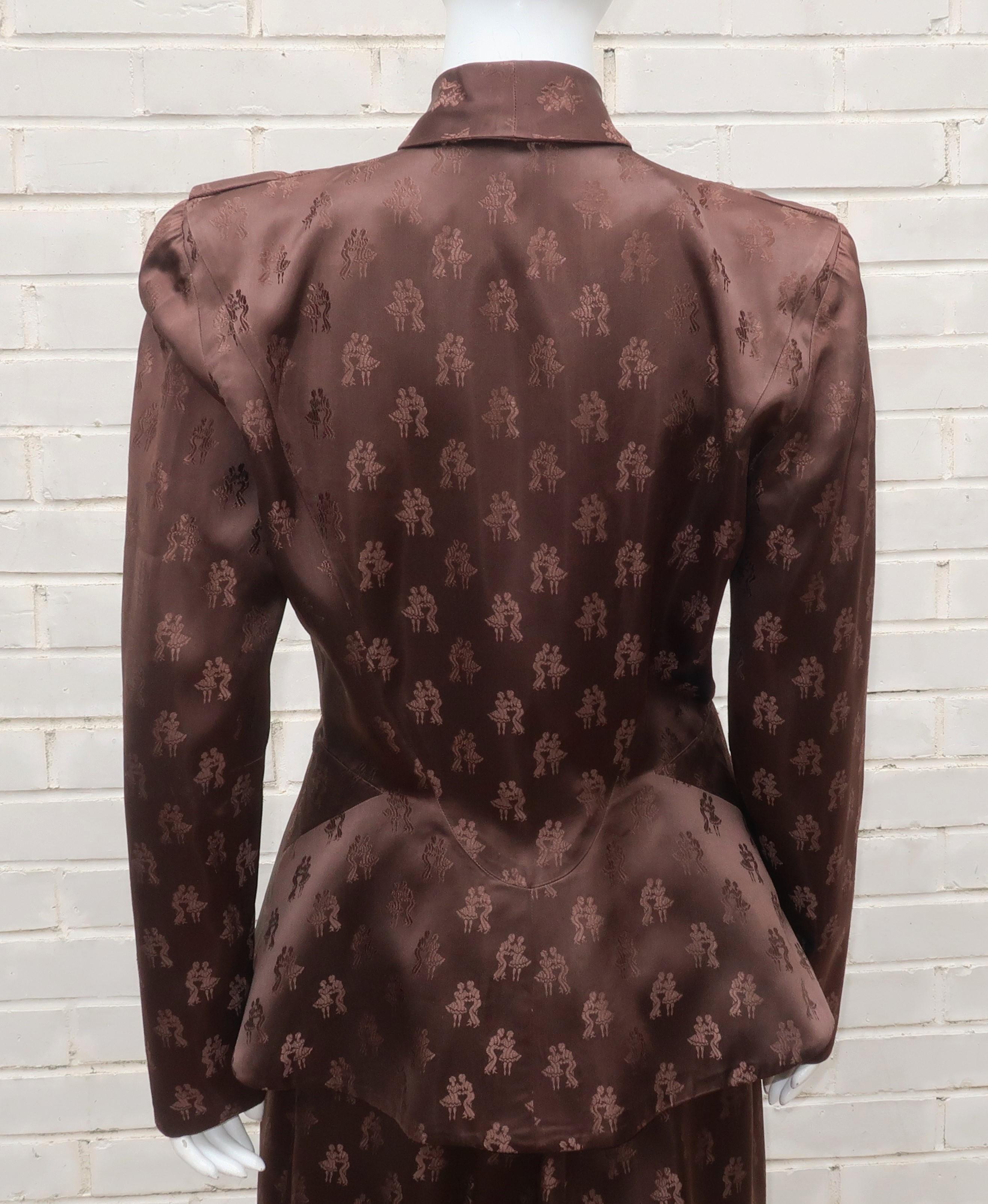 Women's Mildred O'Quinn Brown Satin Jacquard Peplum Skirt Suit, 1940's For Sale
