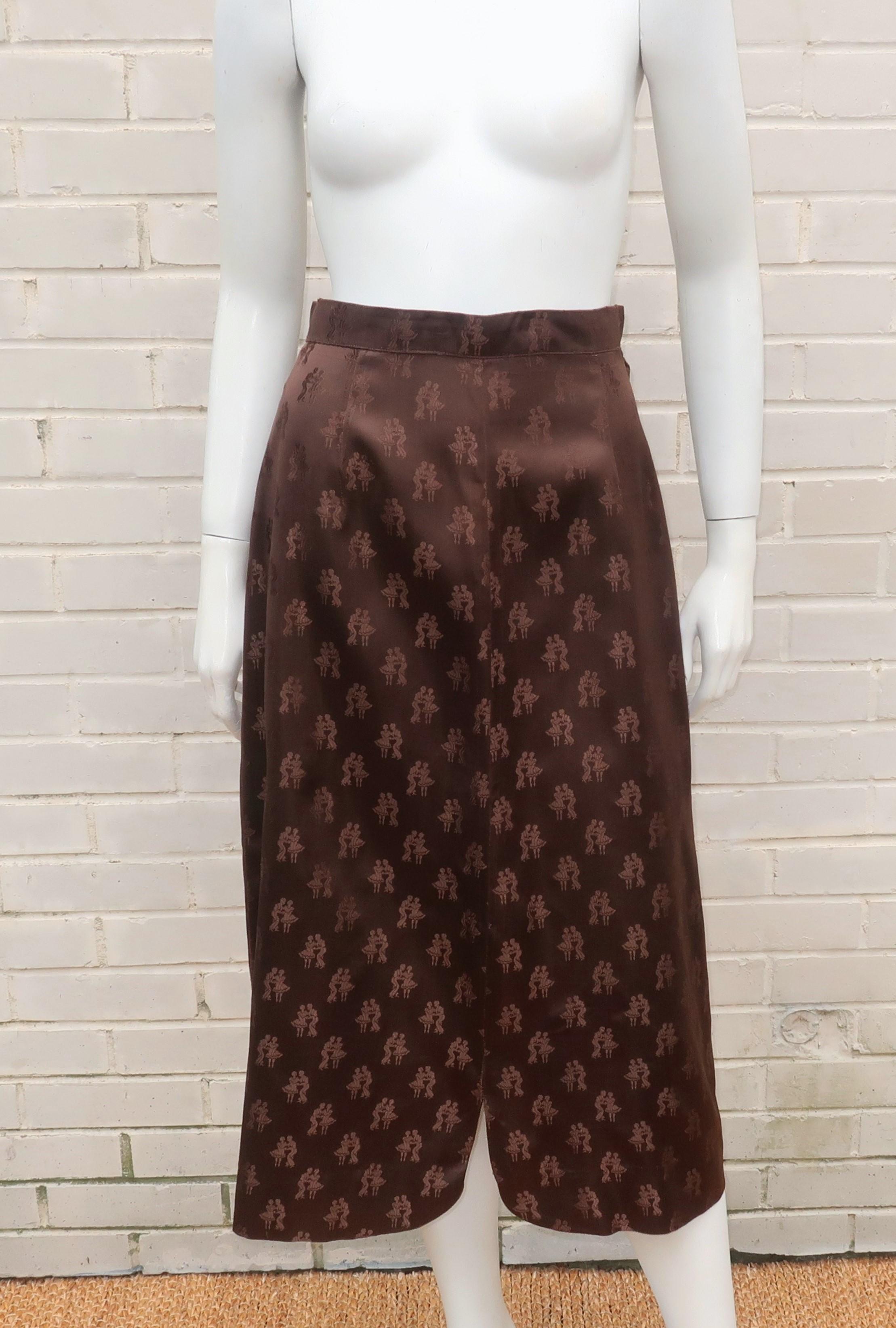 Mildred O'Quinn Brown Satin Jacquard Peplum Skirt Suit, 1940's For Sale 2