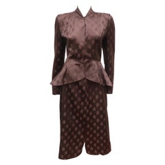 Mildred O'Quinn Brown Satin Jacquard Peplum Skirt Suit, 1940's