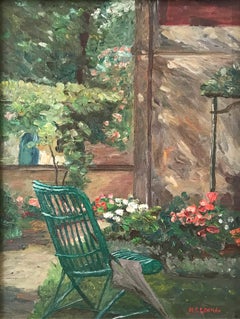 "Garden Scene with Flowers" American Impressionist Oil Painting on Canvasboard