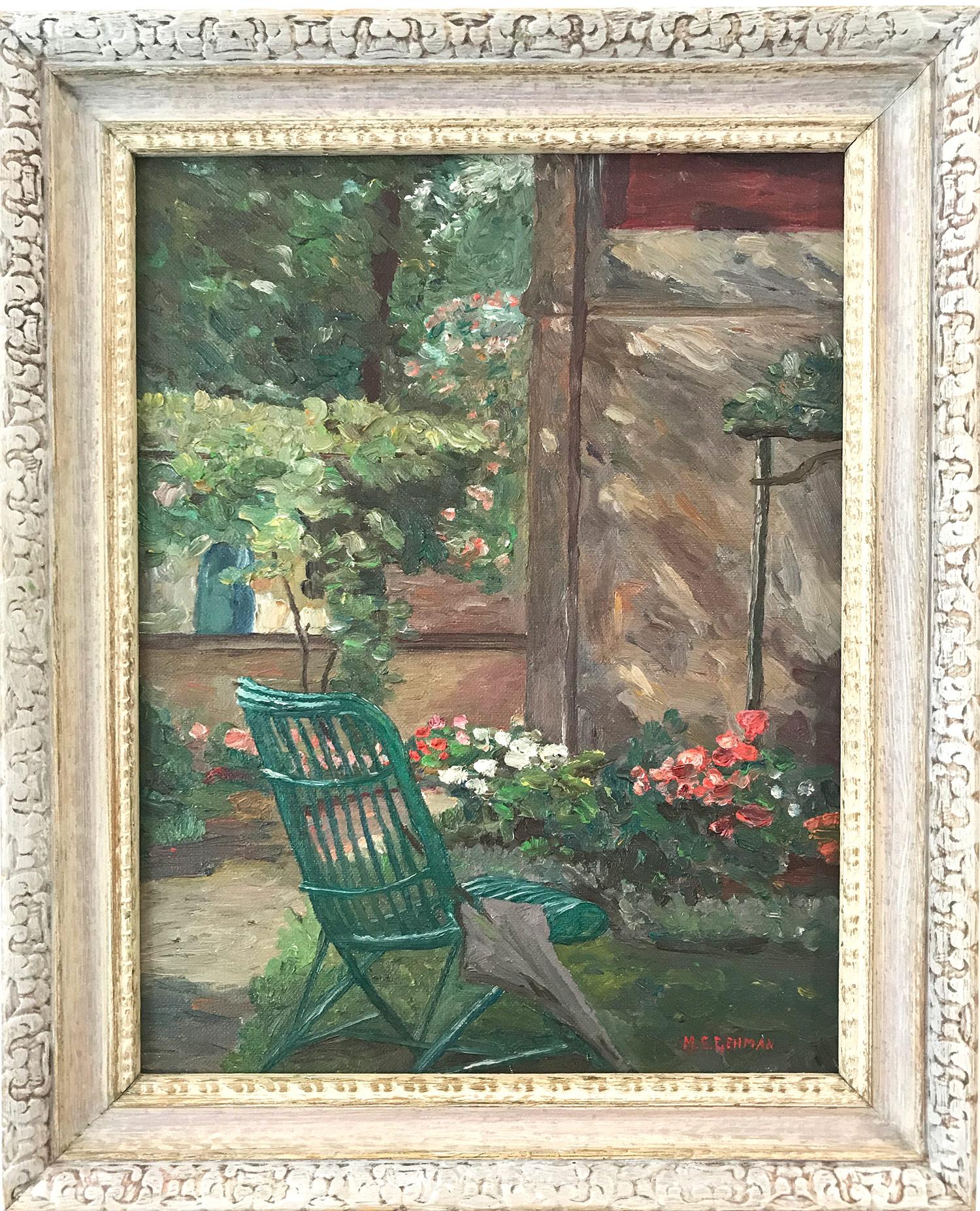 Mildred S. Gehman Landscape Painting - "Garden Scene with Flowers" American Impressionist Oil Painting on Canvasboard