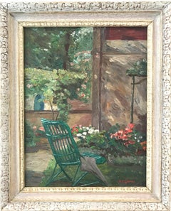"Garden Scene with Flowers" American Impressionist Oil Painting on Canvasboard