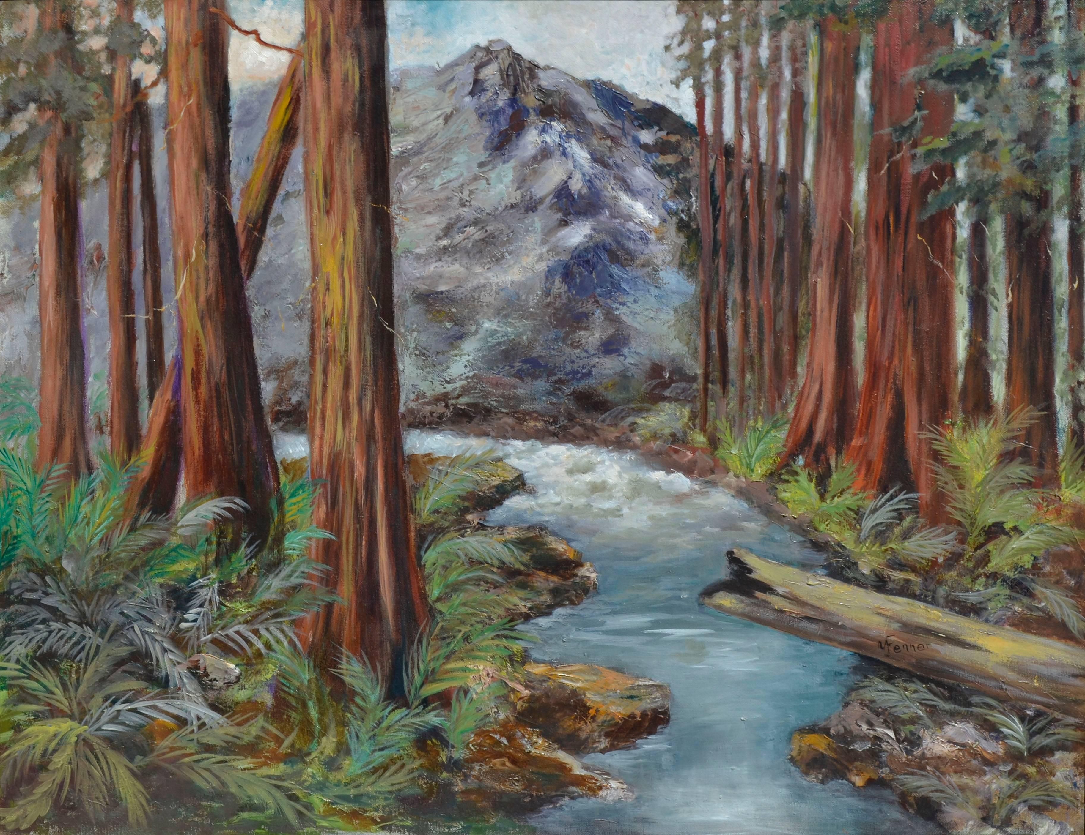 Mid-Century Mountain Stream Landscape  - Painting by  Mildred Vejtasa Fenner 