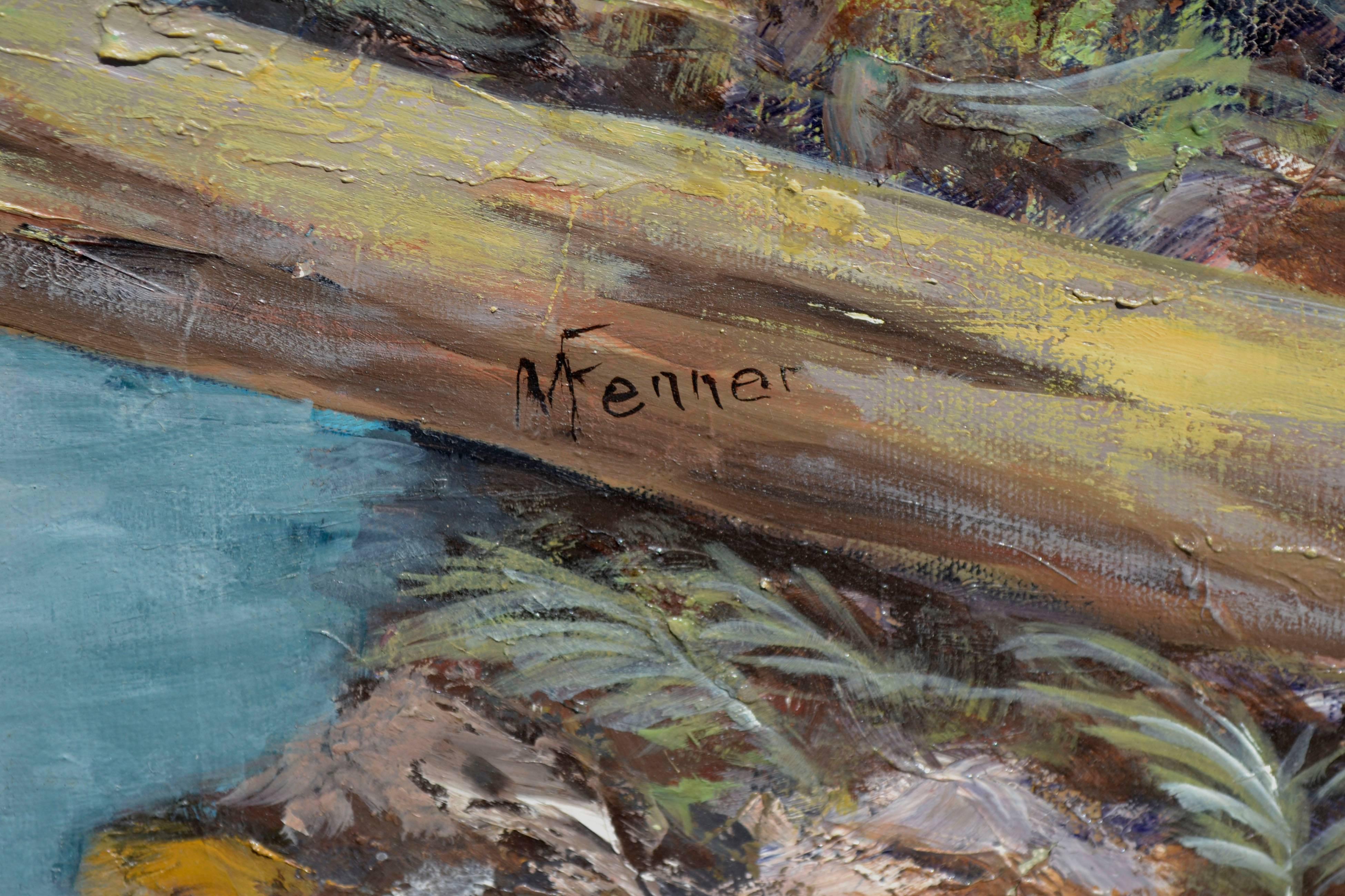 Paysage de rivière de montagne du milieu du siècle dernier - Gris Landscape Painting par  Mildred Vejtasa Fenner 