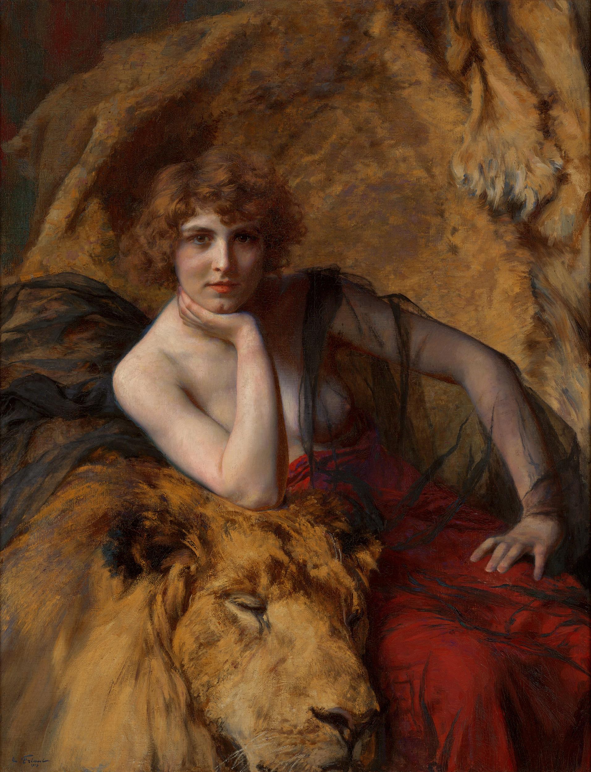 Émile Friant
1863-1932  Français

La dame et le lion

Signé et daté "E. Friant / 1919" (en bas à gauche)
Huile sur toile

Portrait saisissant et sensuel du célèbre peintre naturaliste français Émile Friant, cette huile sur toile richement colorée