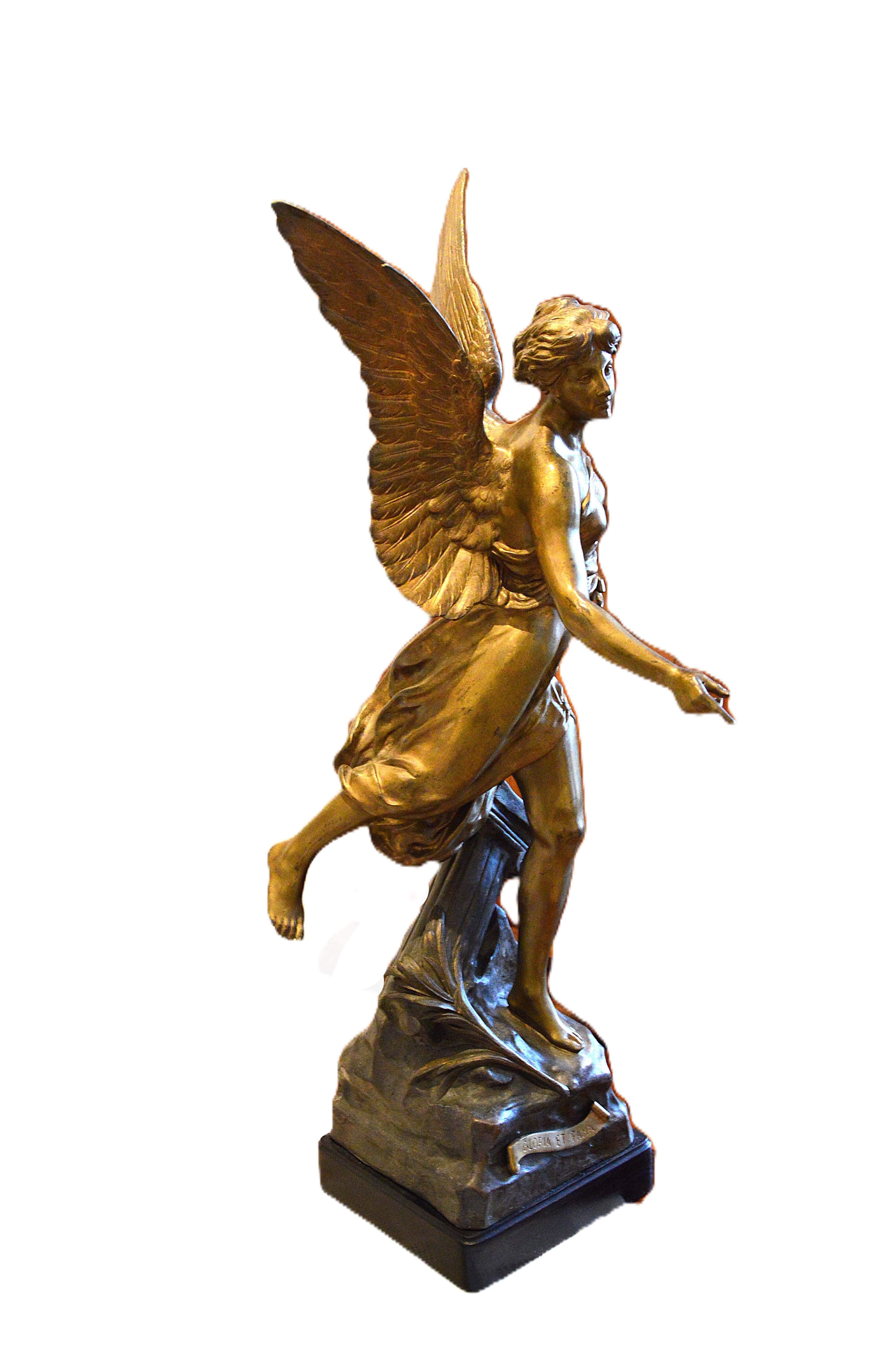 Emile Louis Picault (1833-1915), 'Gloria et Fama' - Gold Figurative Sculpture by Émile Louis Picault (1833–1915)