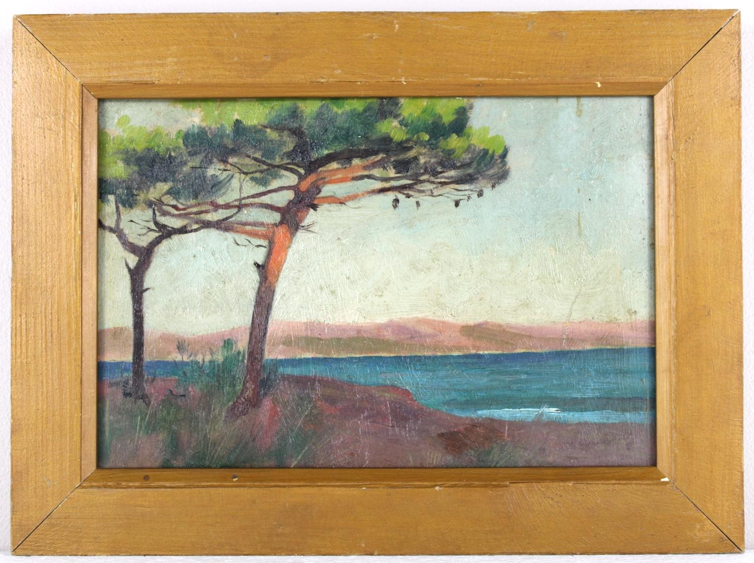 *Dimensions include the frame

This small landscape painting by Émile Louis Thivier (1858-1922) captures a serene natural setting, reminiscent of the atmospheric works of the Impressionist masters. The soft, diffuse brushwork, subtle interplay of