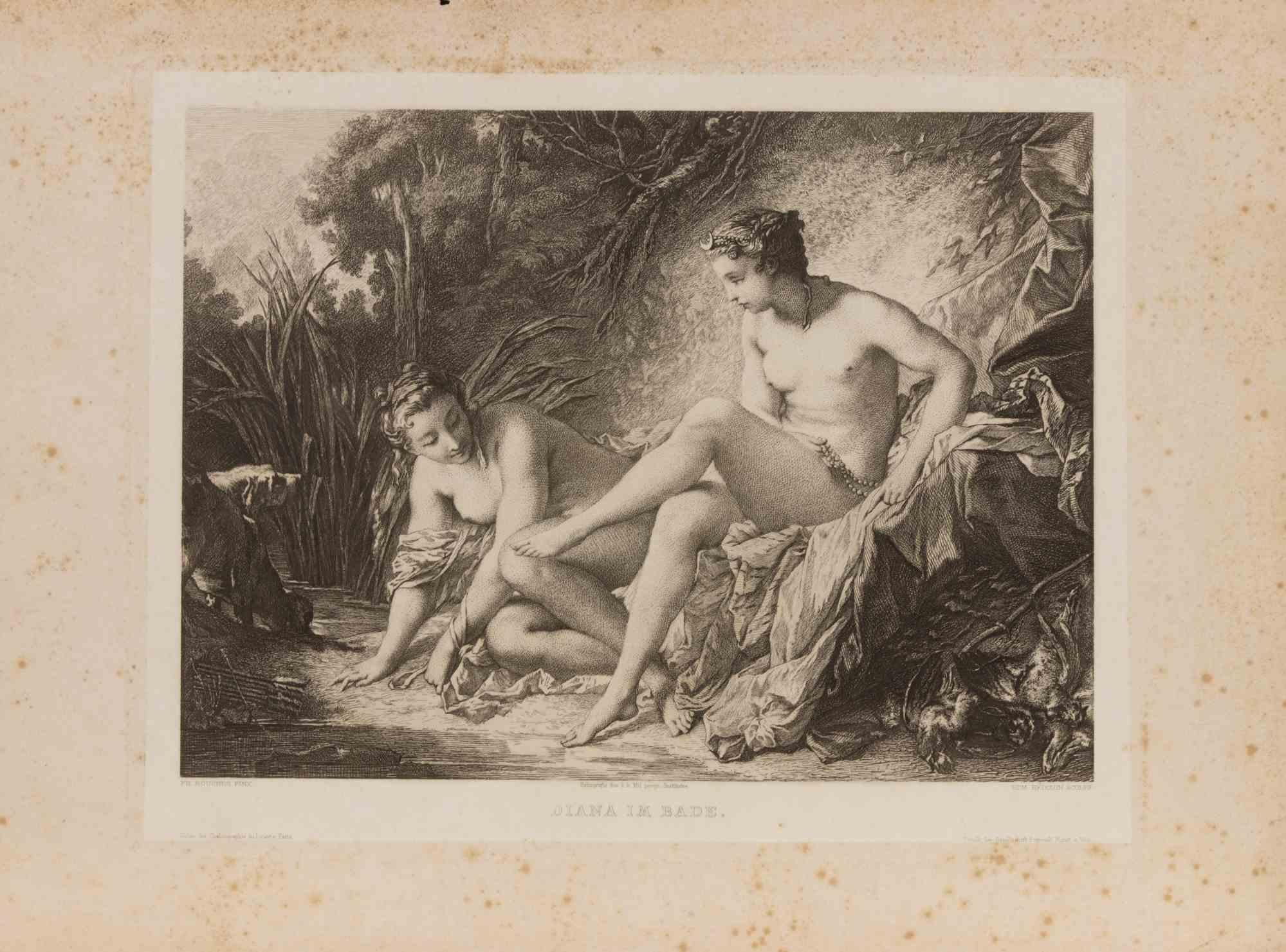 Etching on paper after the celebrated Rococo composition by François Boucher, depicting the goddess Diana in a moment of repose beside a woodland stream. The scene captures the sensuous elegance and pastoral charm for which Boucher became renowned,
