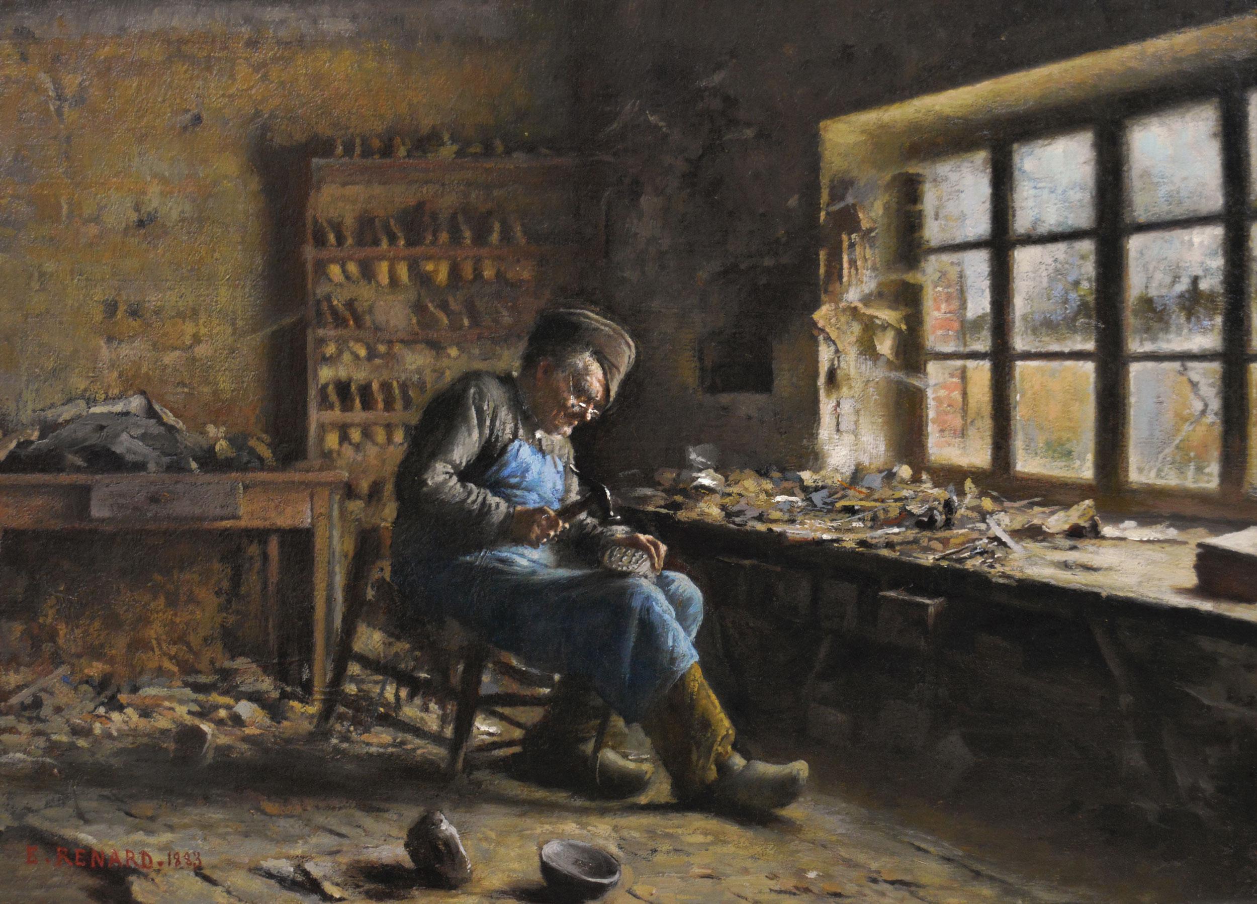 19th Century genre oil painting of a French cobbler at work  - Painting by Émile Renard