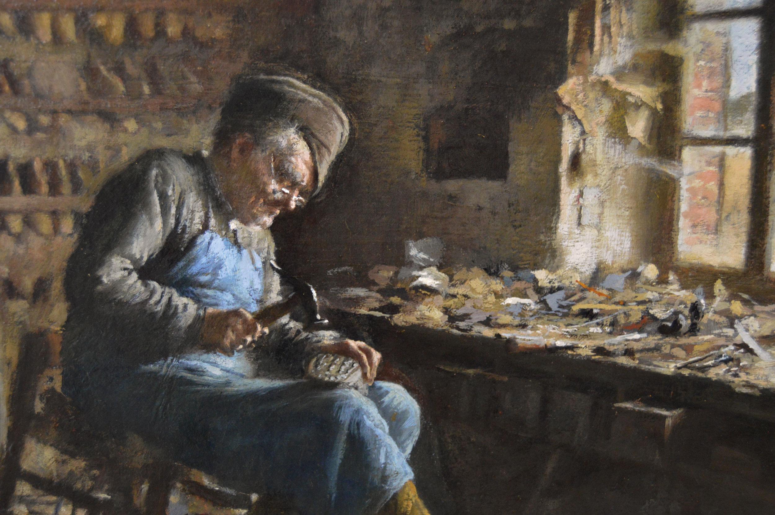 Dipinto a olio di genere del XIX secolo raffigurante un calzolaio francese al lavoro - Interior Painting Marrone di Émile Renard