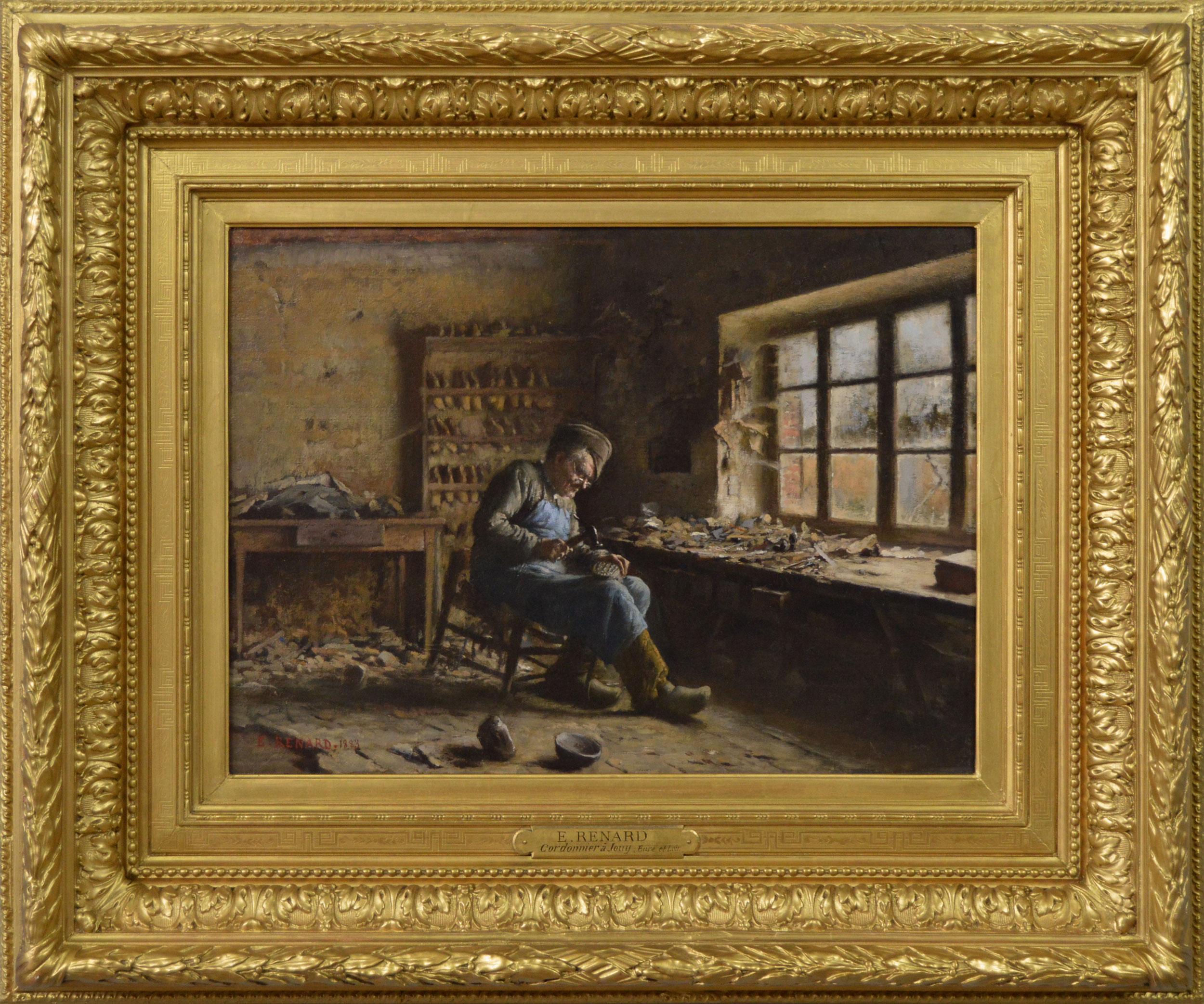 Peinture à l'huile de genre du 19e siècle représentant un cordonnier français au travail 