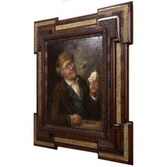 A French 19th-20th Century Oil on Canvas "A Good Poker Hand Player Smoking Pipe"