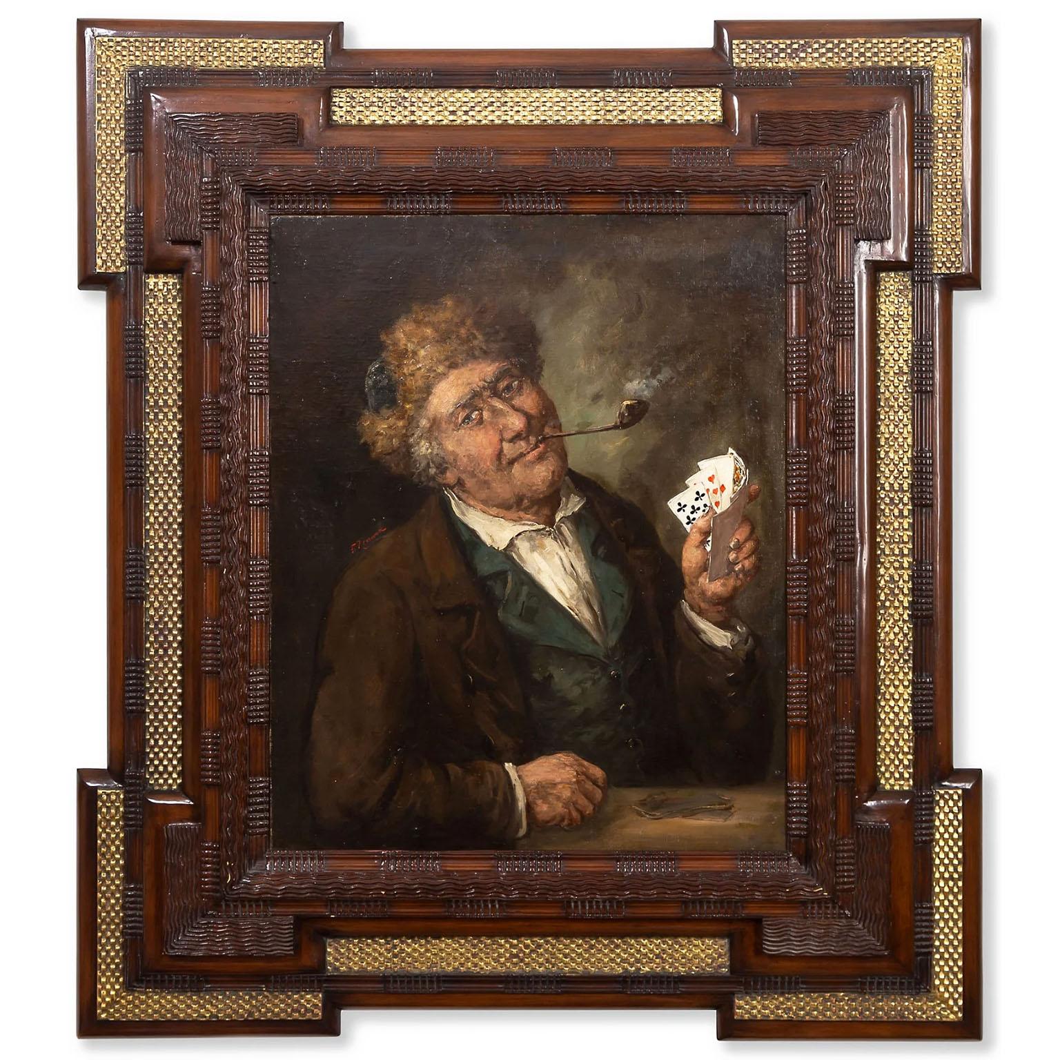 Olio su tela francese del XIX-XX secolo "Un buon giocatore di poker che fuma la pipa".