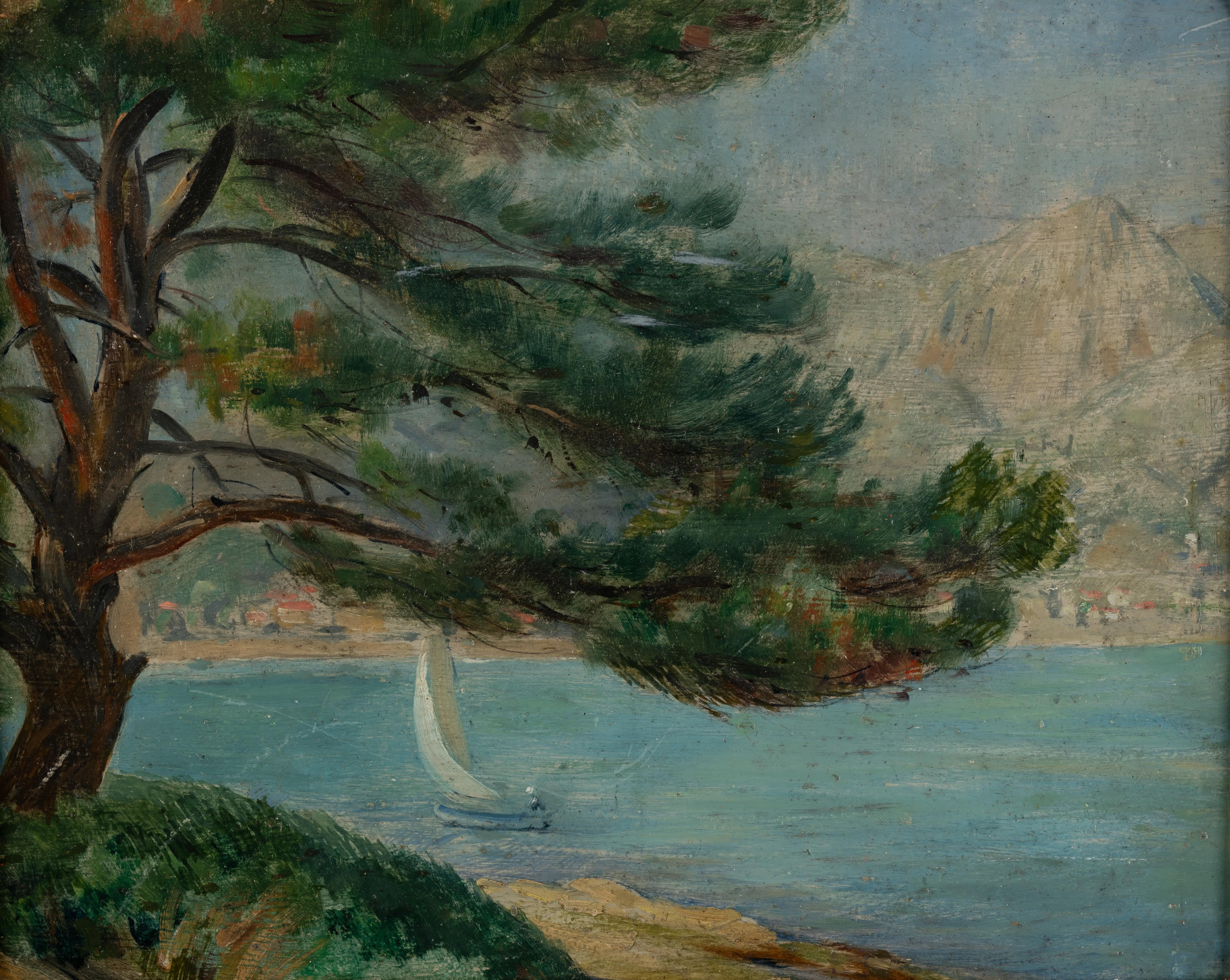 Segelboot an der Küste – Painting von Émile-Victor-Augustin Delobre