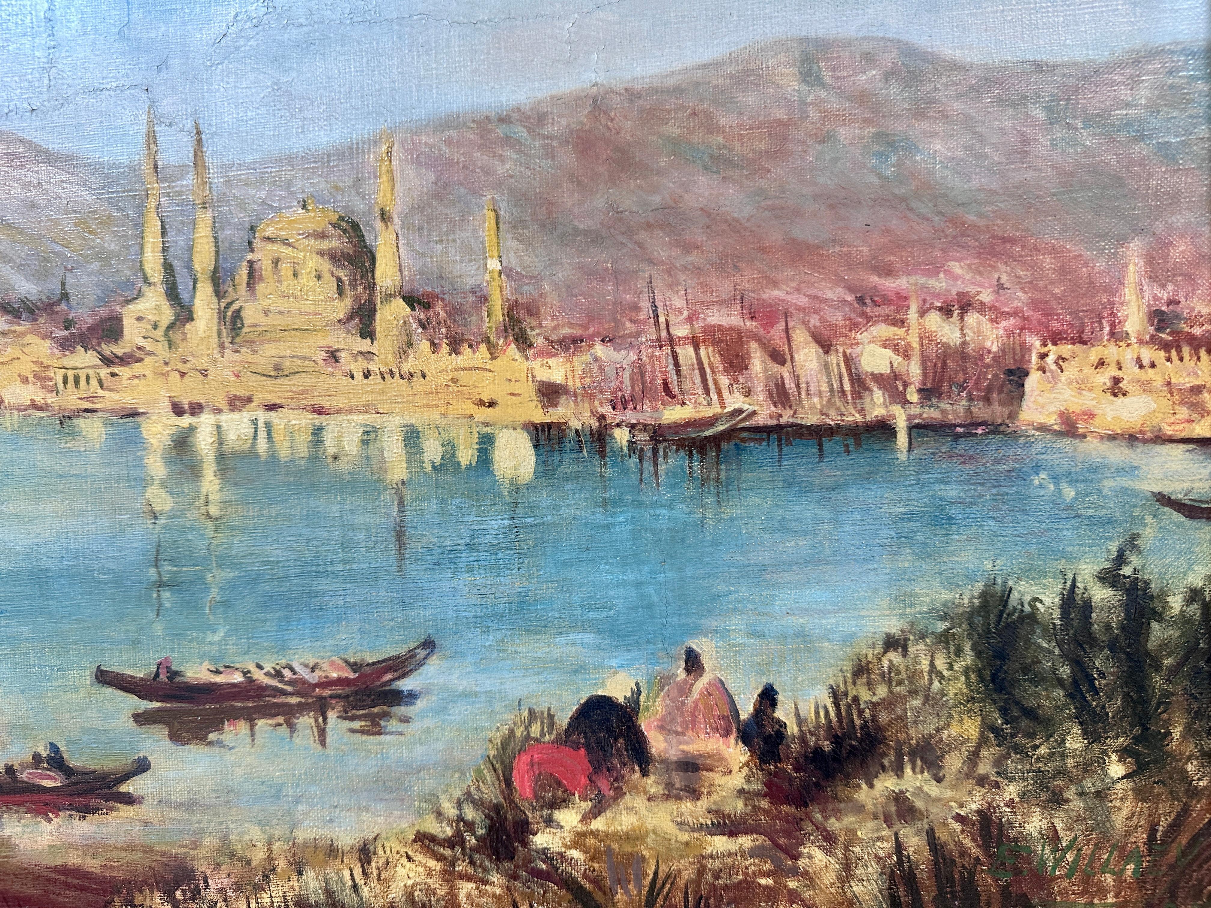 Vista di Istanbul - Horn d'Oro e Moschea Süleymaniye - Landscape Painting Blu di  Émile Willaey