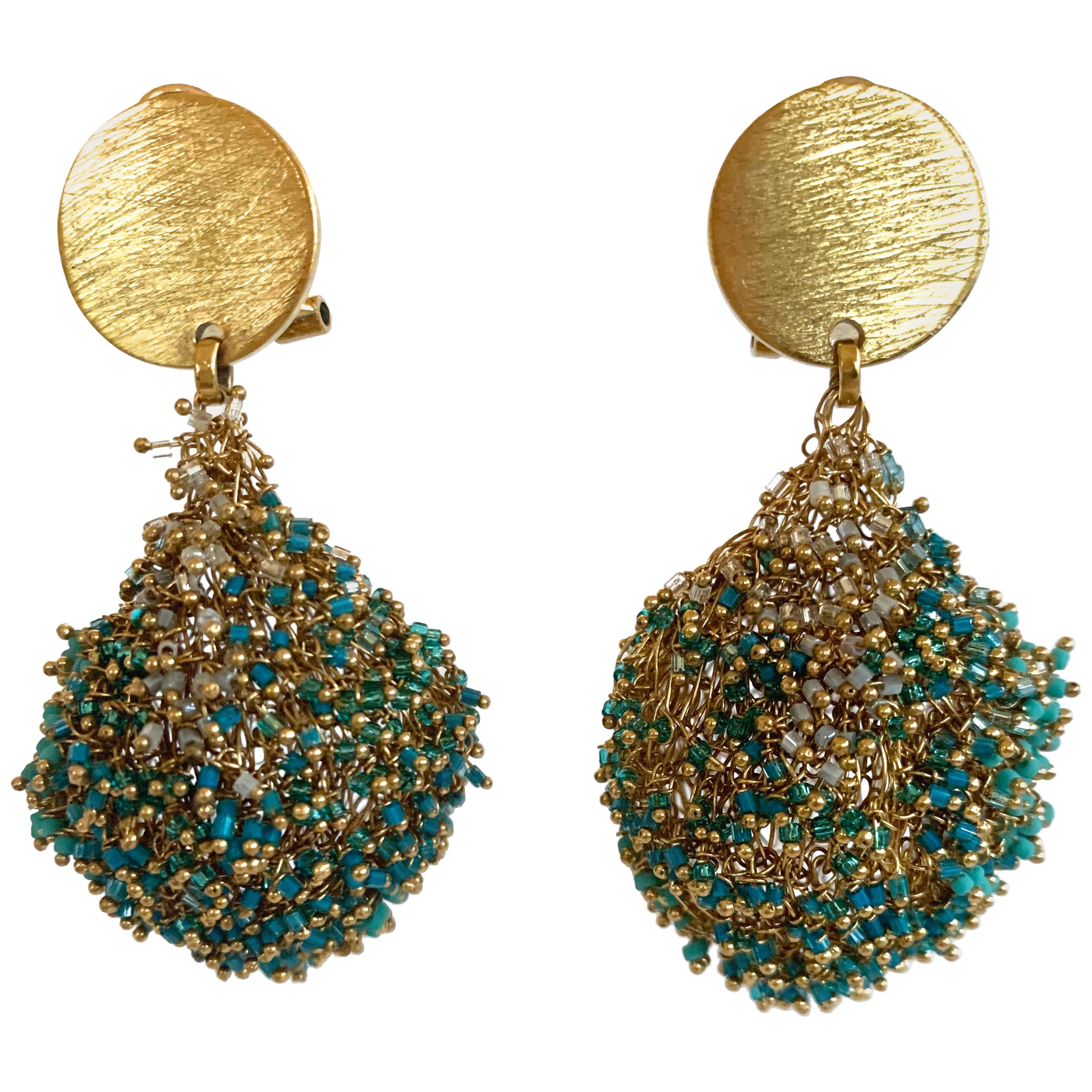 Milena Zu Woven Brass Plated Gold and Turquoise Pierced Earrings at 1stDibs  | milena zu jewellery