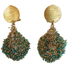 Milena Zu Woven Brass Plated Gold and Turquoise Pierced Earrings