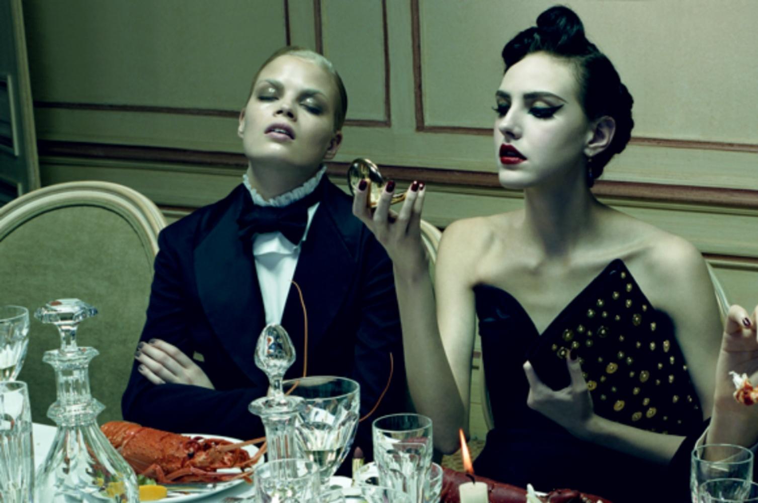 Miles ALDRIDGE (*1964, Great Britain)
Dinner Party #3, 2009
Chromogenic print
Image 102 x 152.5 (40 1/8 x 60 in.) 
Sheet 114 x 164.5 cm (44 7/8 x 64 3/4 in.)
Edition of 6, plus 2 AP; Ed. 1/6
Print only

A fiercely original photographer, Miles