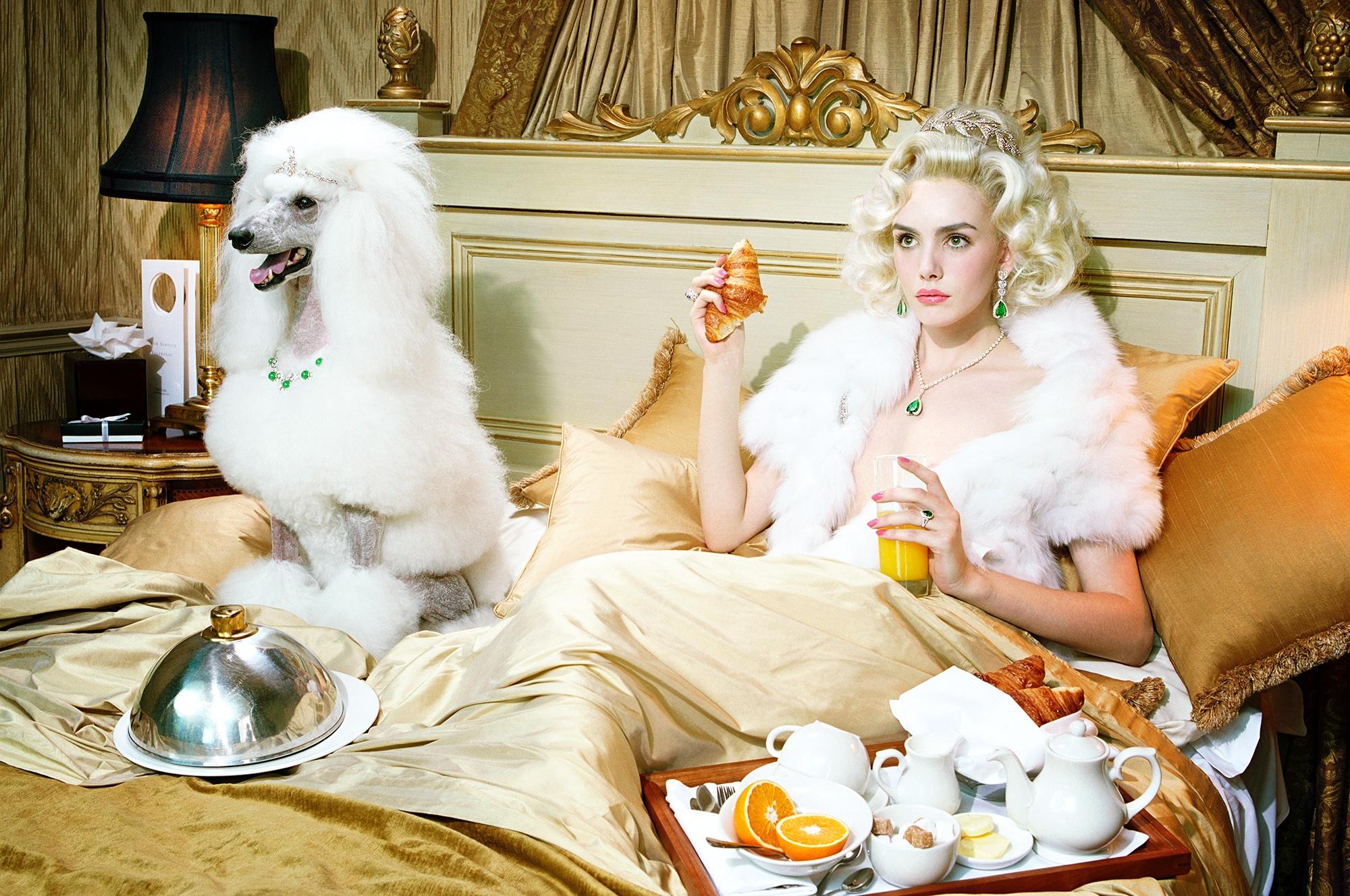 Dog Lady #2  – Miles Aldridge, Woman, Fashion, Glamour, Dog, Hotel Room, Gold