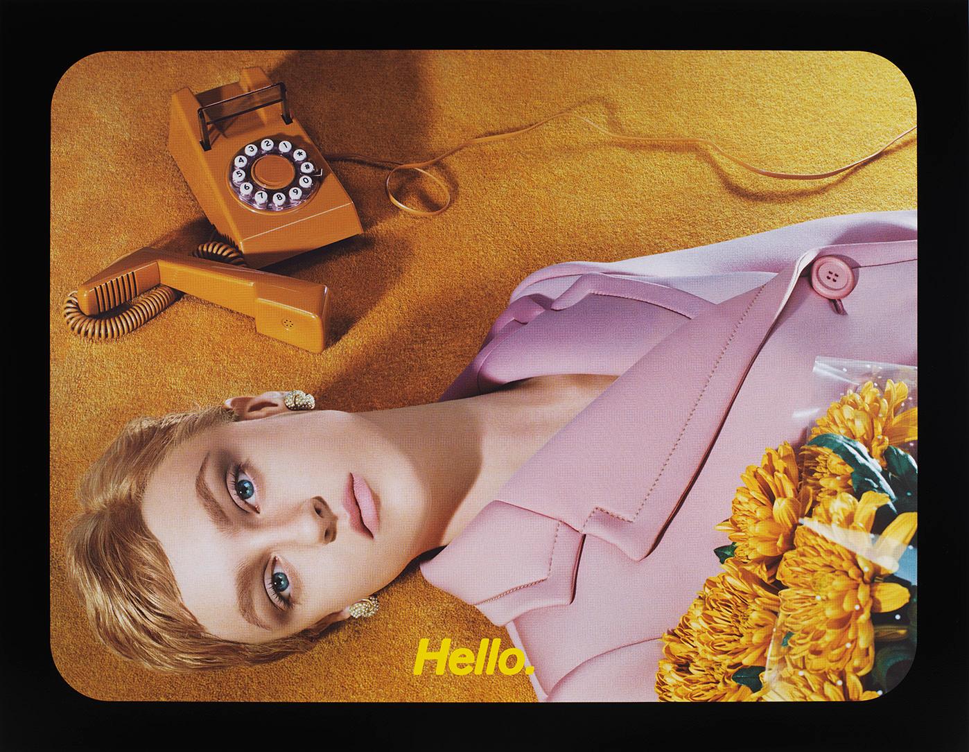 Hello, 2020 - Miles Aldridge (Colour Photography)
Signed and numbered on reverse
Chromogenic print
28 ½ × 37 ½ inches
Edition of 15

Miles Aldridge’s singular aesthetic is characterised by the use of vibrant hues and elaborately styled sets through
