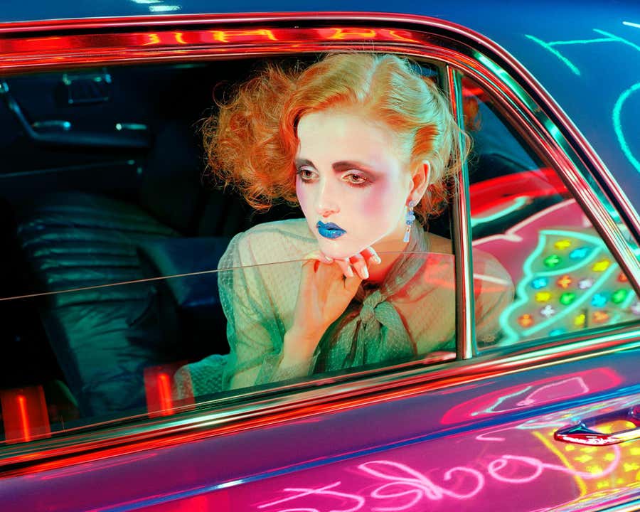 Night Car #3 – Miles Aldridge, Woman, Fashion, Glamour, Neon Light, Night, Car