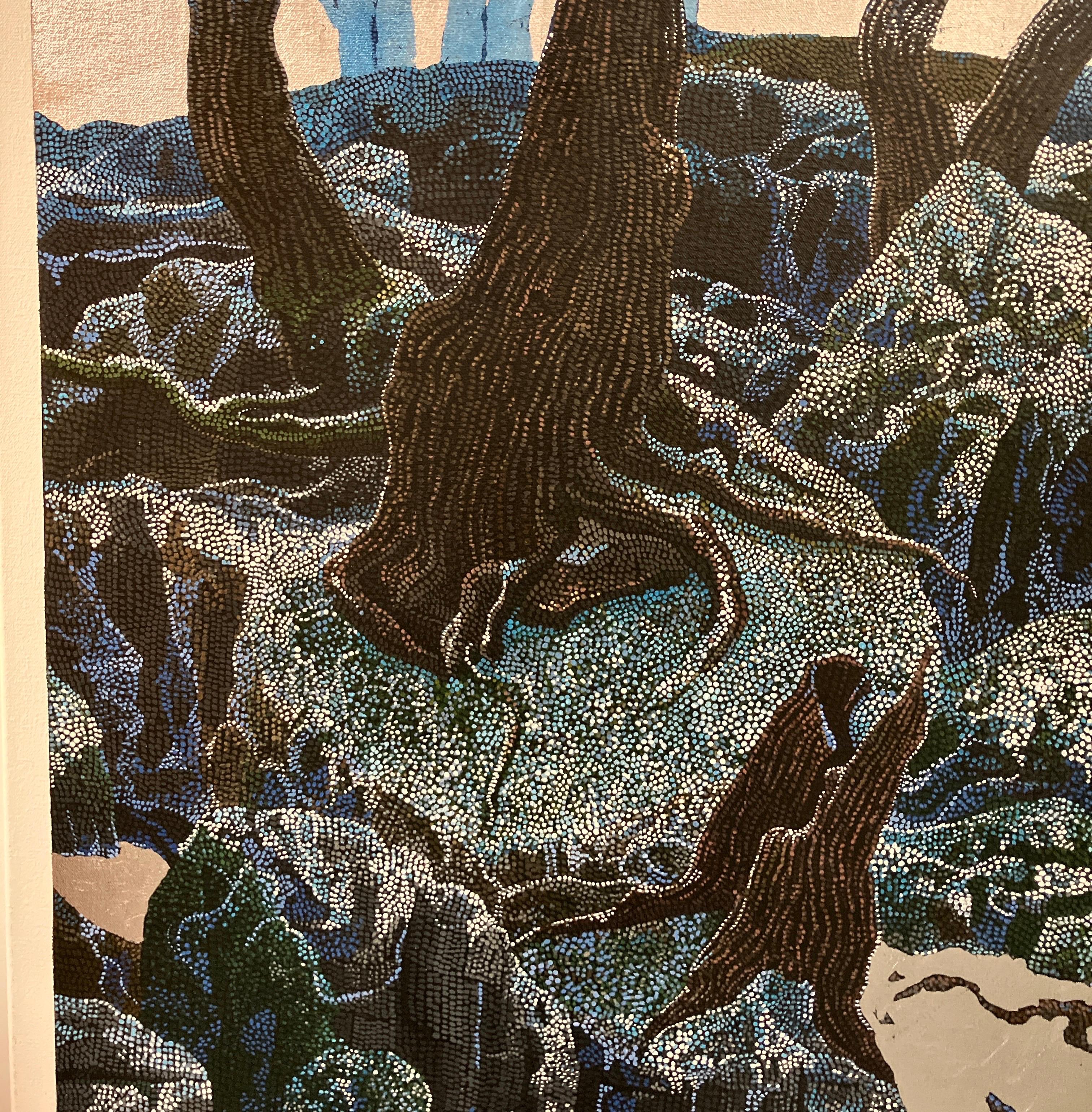 Pointillisme contemporain, peinture acrylique et feuille métallique sur toile, paysage - Painting de Miles Bair