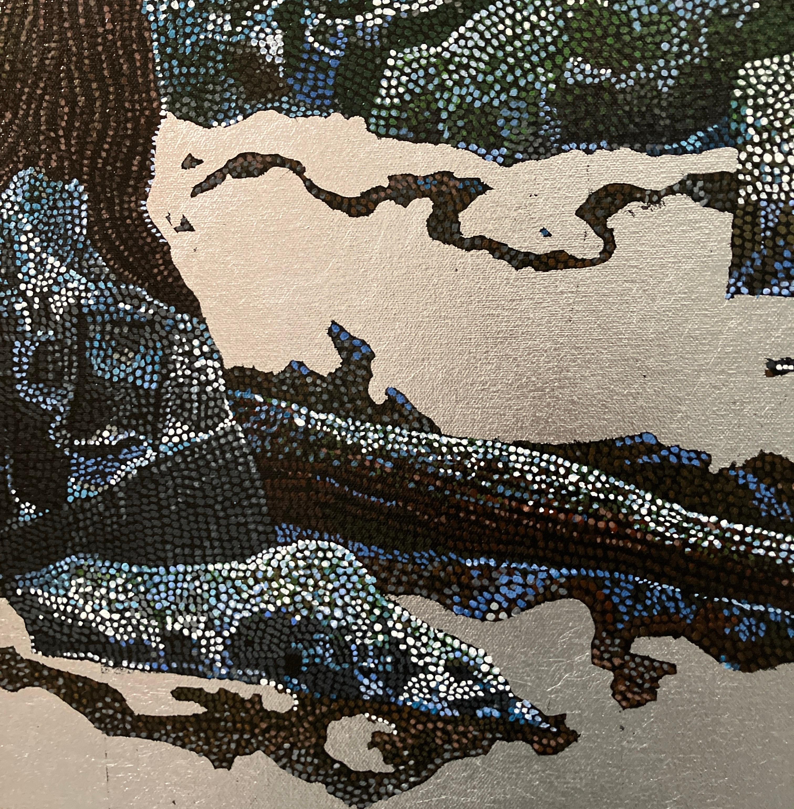 Pointillisme contemporain, peinture acrylique et feuille métallique sur toile, paysage - Or Landscape Painting par Miles Bair