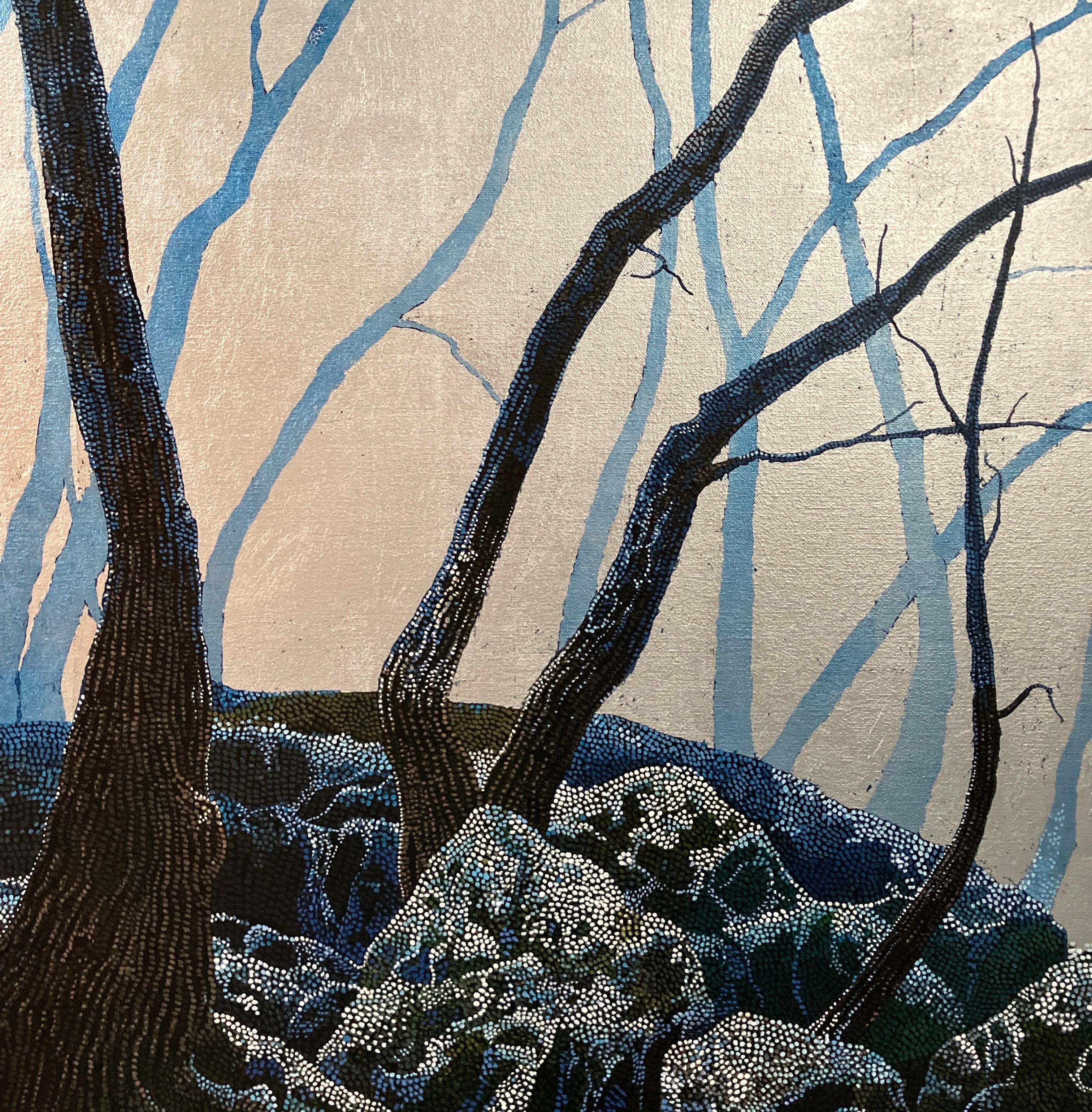 Pointillisme contemporain, peinture acrylique et feuille métallique sur toile, paysage 

Miles Bair est né à New Castle, en Pennsylvanie. Il a étudié l'art à l'université d'Edinboro et à l'université de Virginie occidentale, et est directeur de