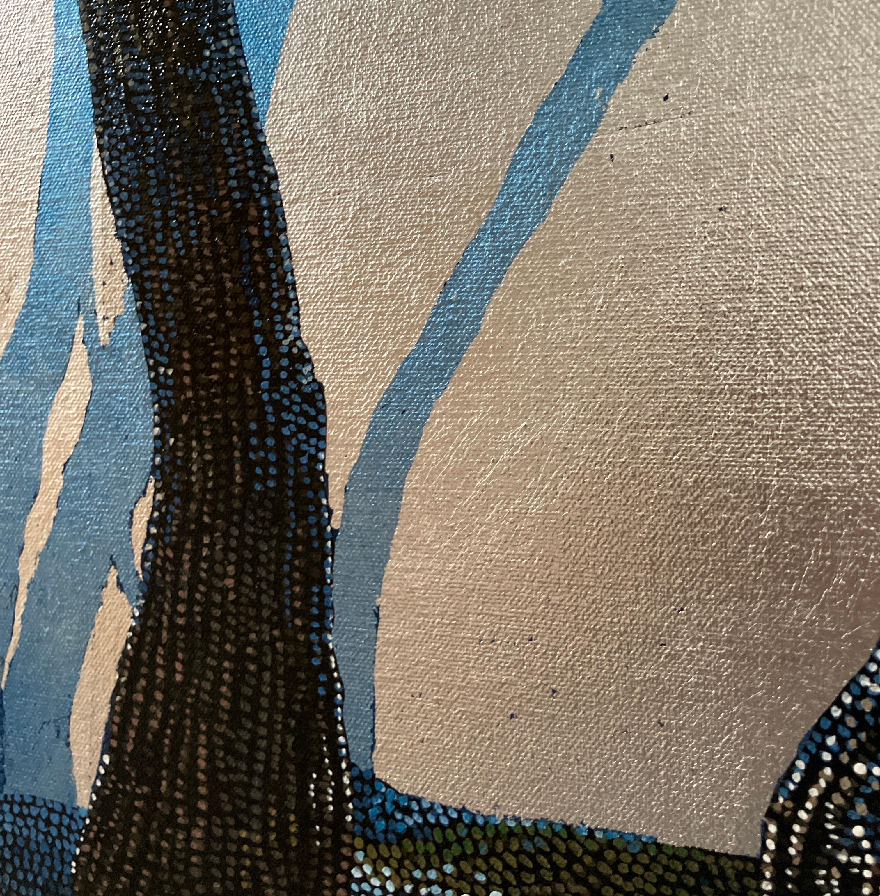 Pointillisme contemporain, peinture acrylique et feuille métallique sur toile, paysage en vente 1