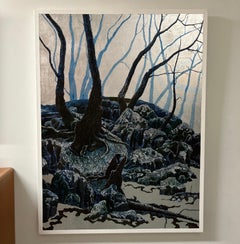 Pointillisme contemporain, peinture acrylique et feuille métallique sur toile, paysage