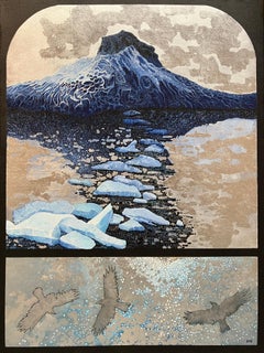 "En el hielo", pintura al óleo puntillista sobre lienzo con adornos de pan de plata