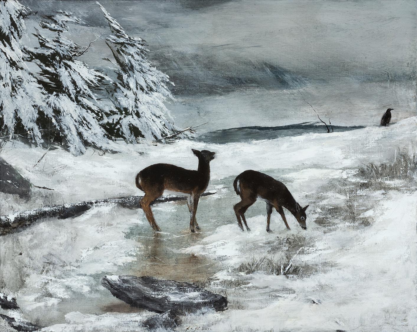 Miles Cleveland Goodwin Animal Painting - Crow and Deer