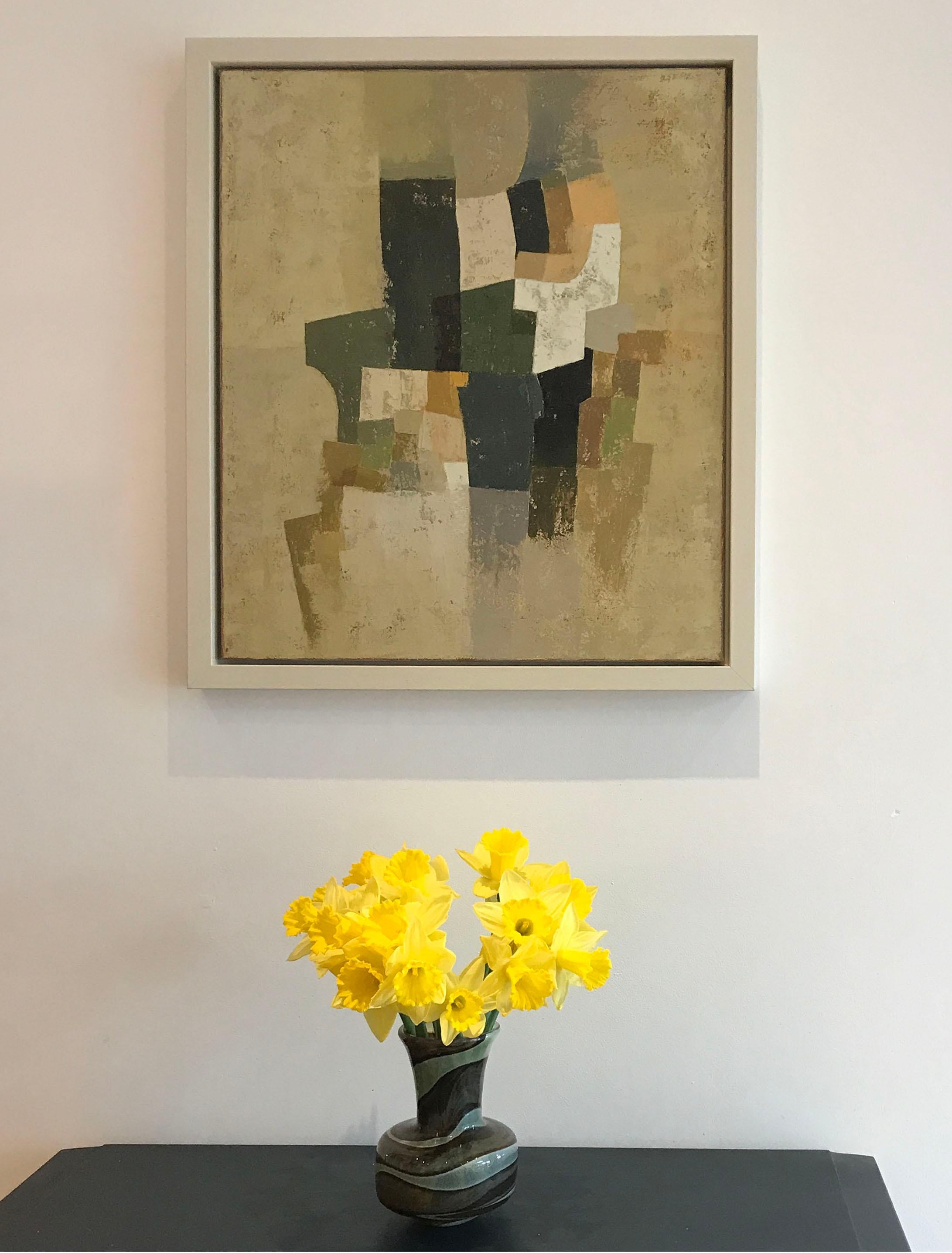 ‘Lamorna’ has been painted on stretched canvas and mounted into a hand-painted tray frame. These paintings are rooted in the tradition of British and European post-war Modernism, particularly abstract painting. Drawing inspiration from the