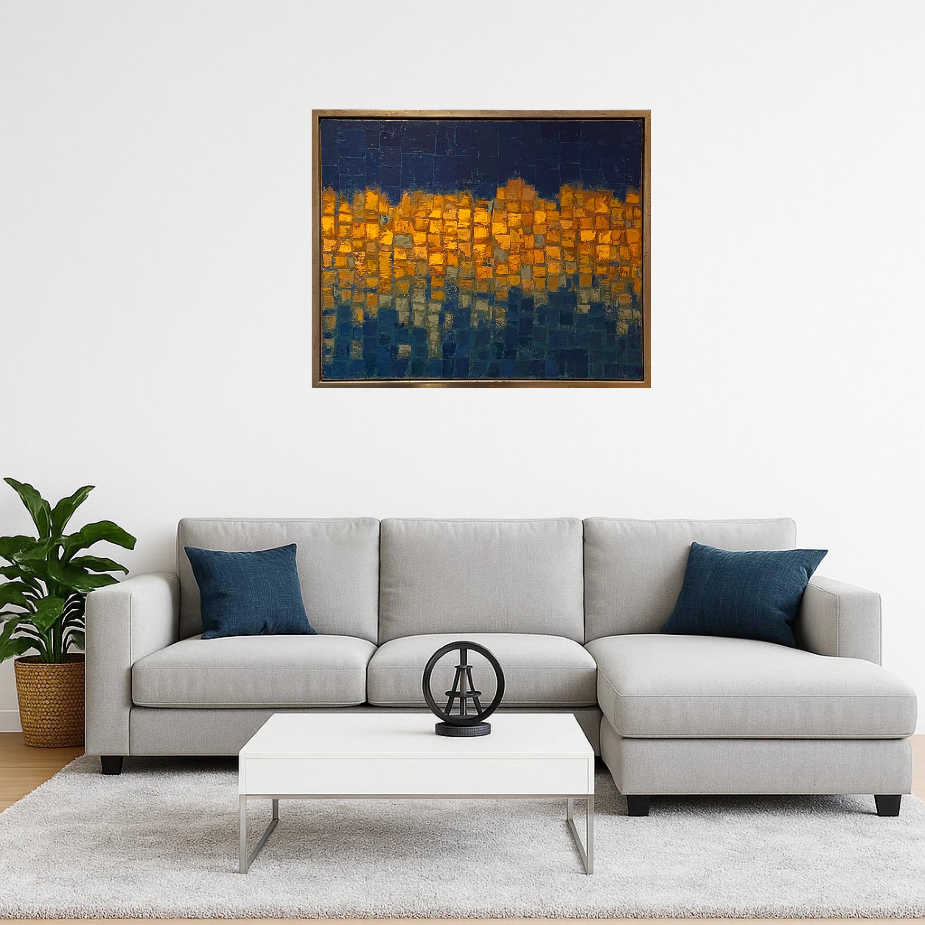 Lights On The River is an evocative work inspired by a walk across the River Thames on a hot summer night. The heavily abstracted shapes convey the effect of the city lights reflected on the dark waters below.

Additional information:
Oil Paint on