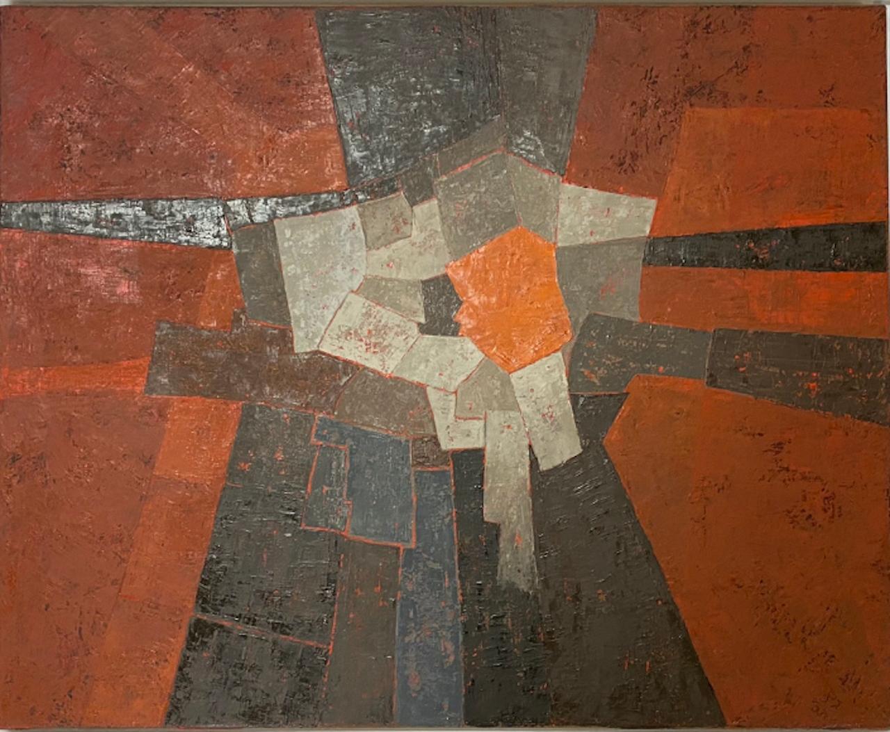 Landscape Painting Miles Cole - Paysage rouge, peinture de paysage géométrique abstrait, art de l'intérieur tonal