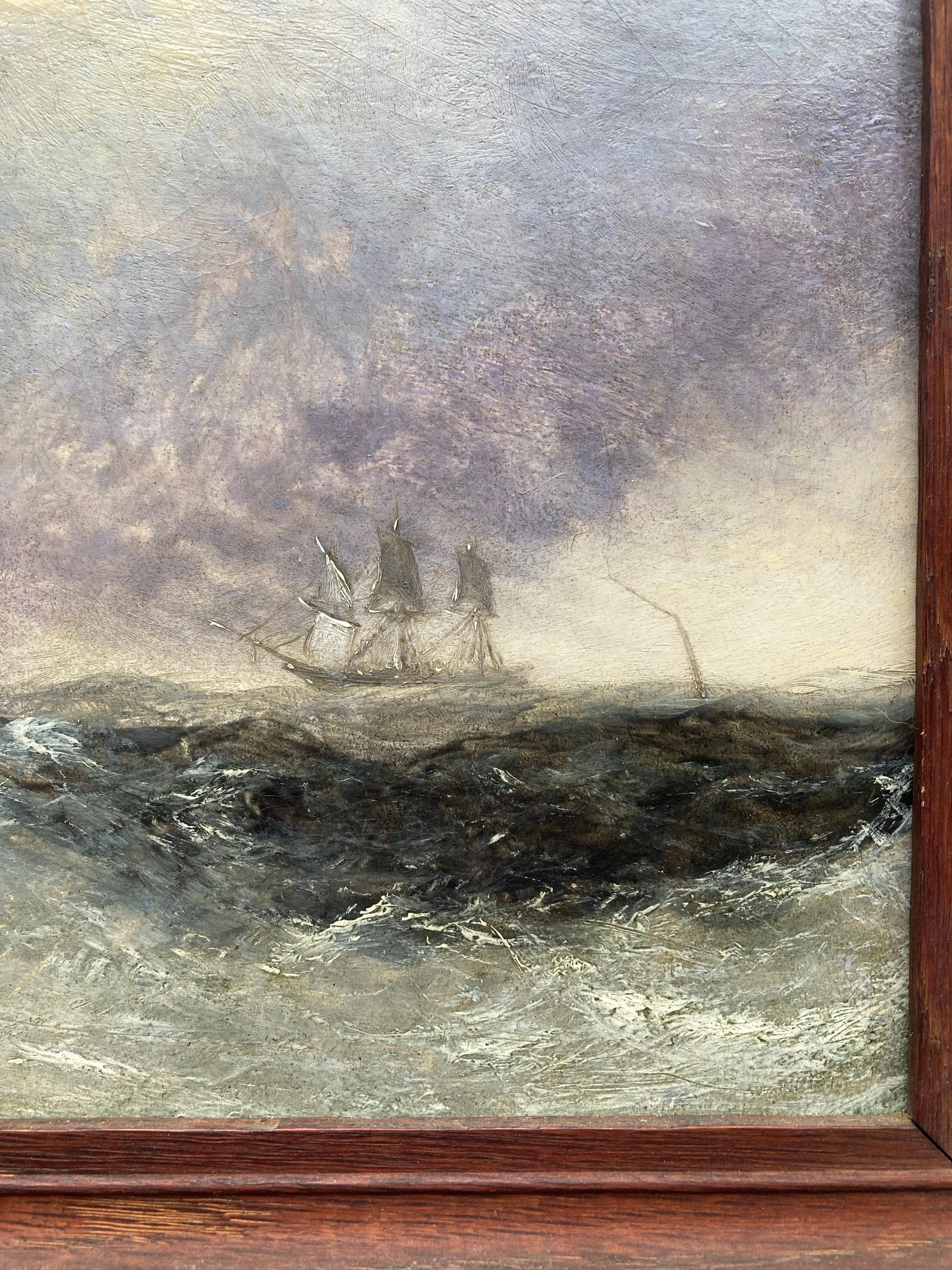 A very dramatic marine scene with the translucency of the waves captured with incredible skill and vision.

Attributed to Miles Edmund Cotman (1810-1858)
Shipping in rough seas
Oil on board
7 x 10 inches

The eldest son of John Sell Cotman, Miles