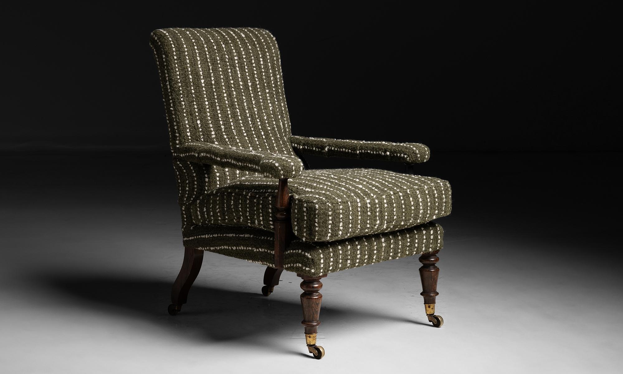 Miles & Edwards Armchair in Rosemary Hallgarten Fabric
England circa 1840
Antique frame with faux rosewood legs and original castors. Newly upholstered in chalk stripe alpaca blend by Rosemary Hallgarten.
28”w x 30”d x 37”h x 19”seat