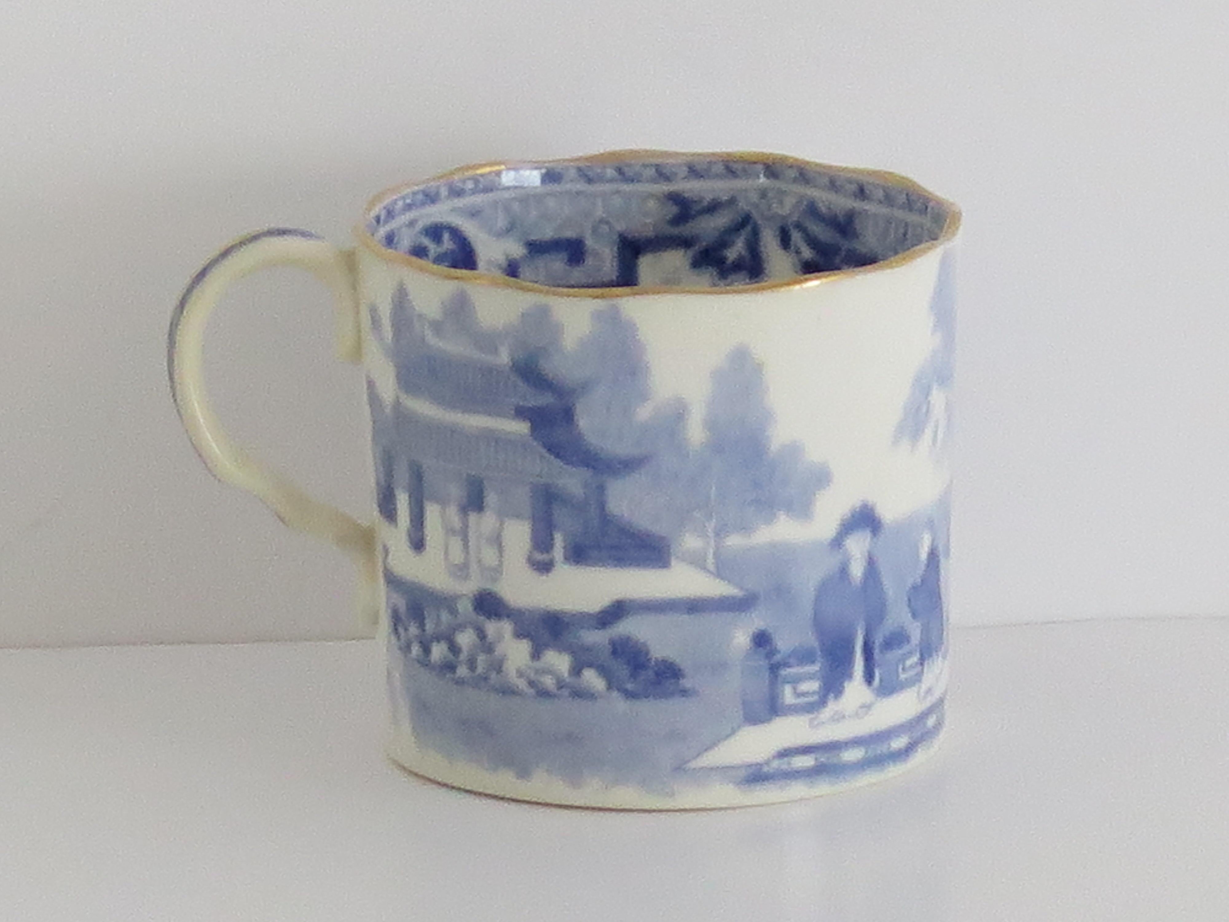 This is a blue and white hand gilded porcelain coffee can in the Chinaman on Verandah pattern, made by Miles Mason (Mason's), Staffordshire Potteries, England around the turn of the 18th century, circa 1805.

The cup is well potted with slightly