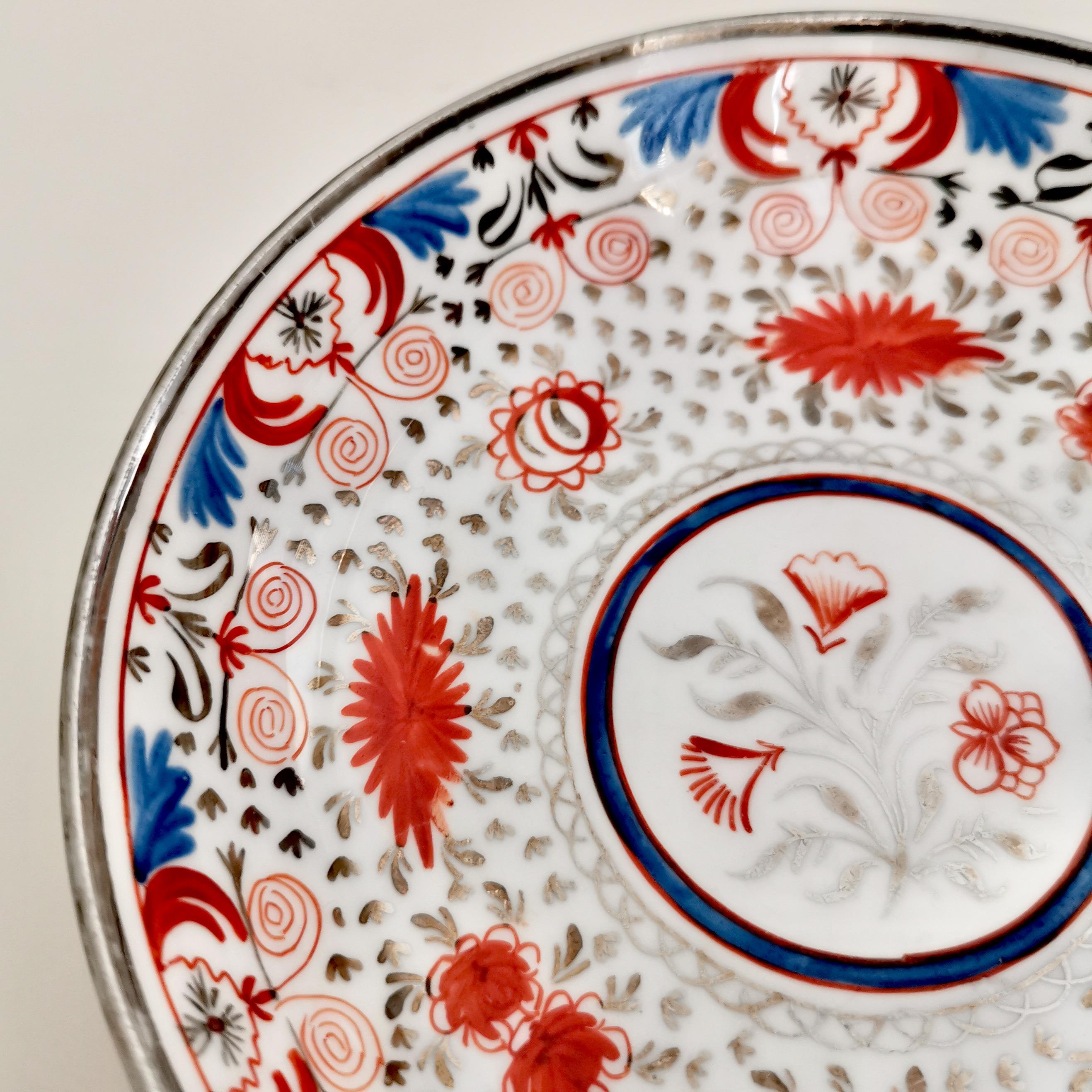 Miles Mason Pearlware Teacup, Red, Blue and Silver, Regency, circa 1810 5