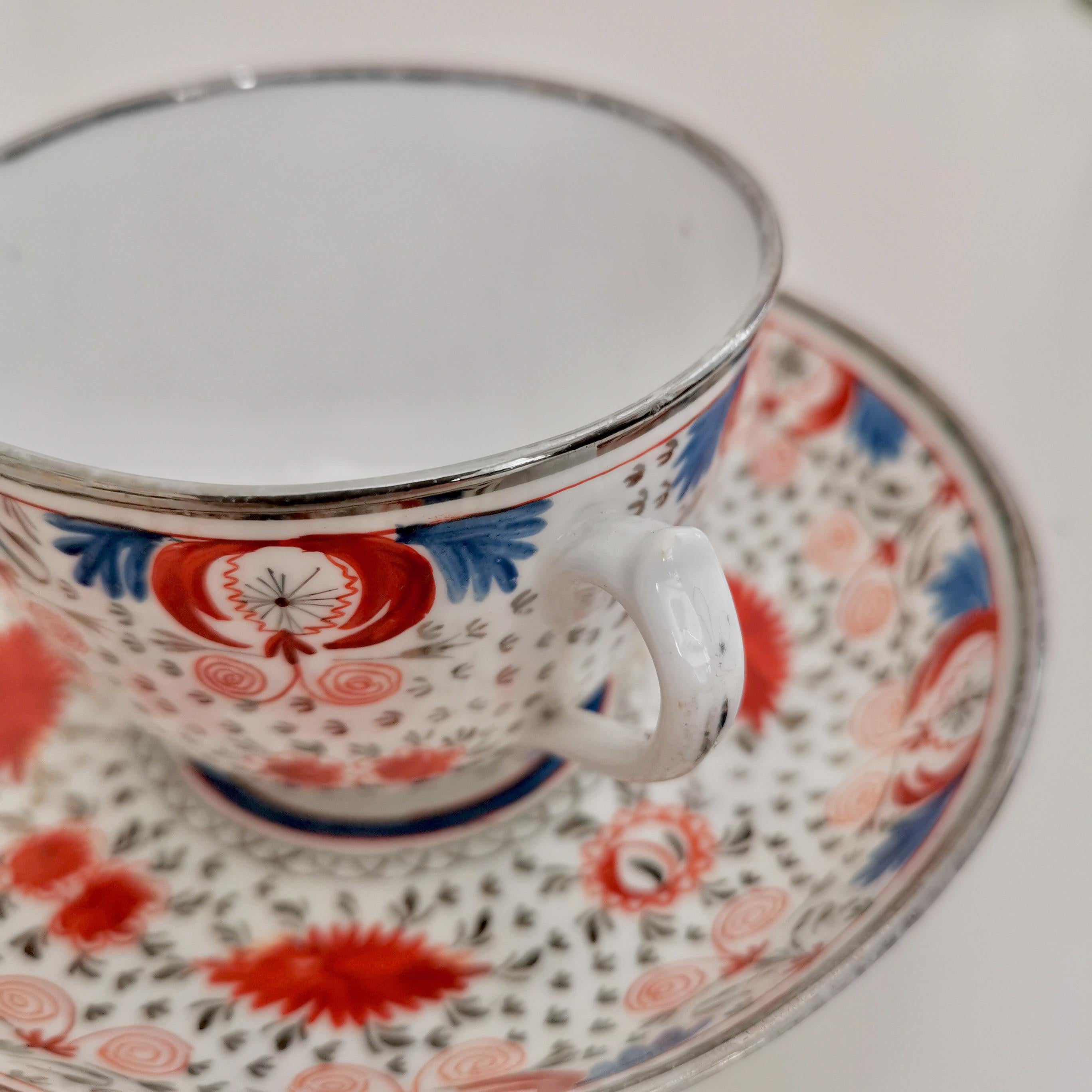 Miles Mason Pearlware Teacup, Red, Blue and Silver, Regency, circa 1810 8
