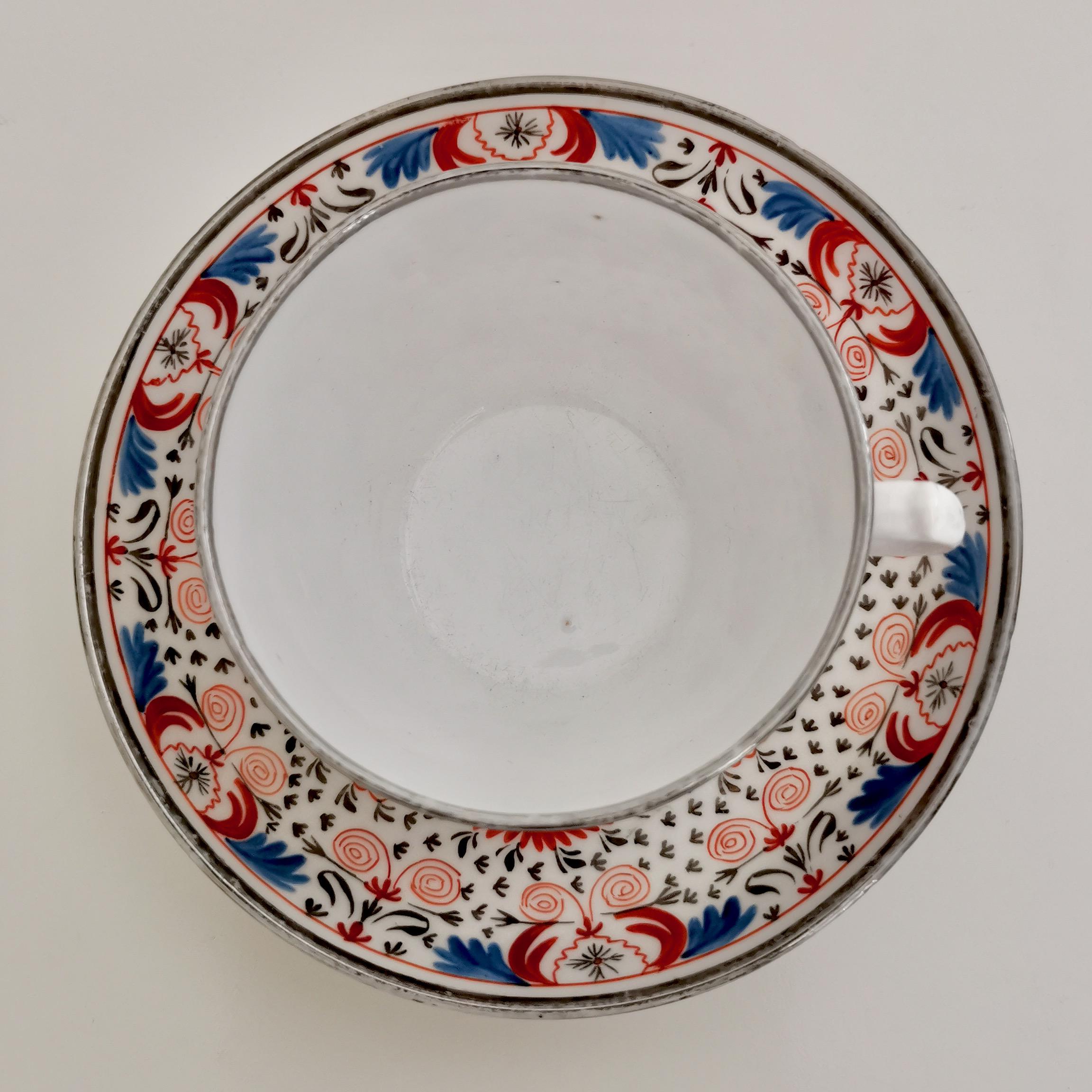 Hand-Painted Miles Mason Pearlware Teacup, Red, Blue and Silver, Regency, circa 1810
